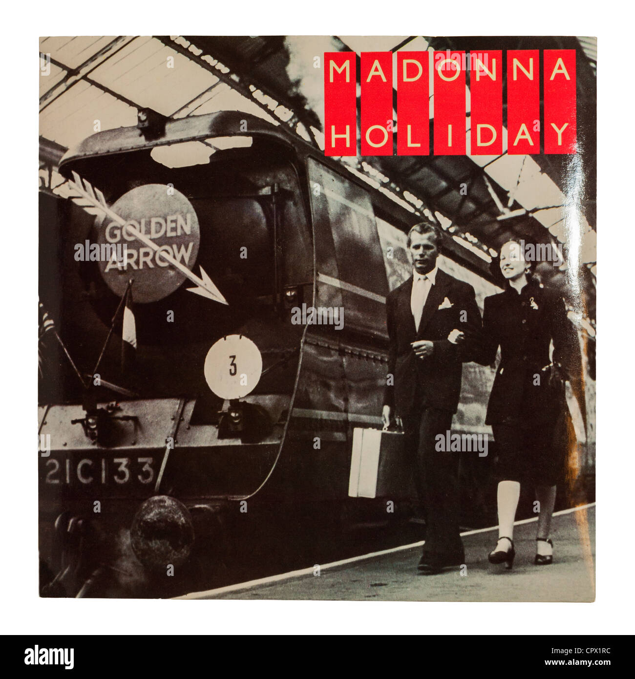 Un seul enregistrement de vinyle par Madonna sur fond blanc Banque D'Images