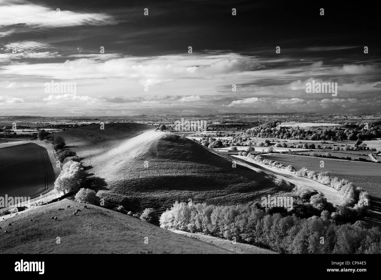 Hill & Parrock Cadbury Castle avec Tor de Glastonbury dans la distance, à partir de la colline de Corton, Somerset, Angleterre Banque D'Images Hill & Parrock Cadbury Castle avec Tor de Glastonbury dans la distance, à partir de la colline de Corton, Somerset, Angleterre Banque D'Images