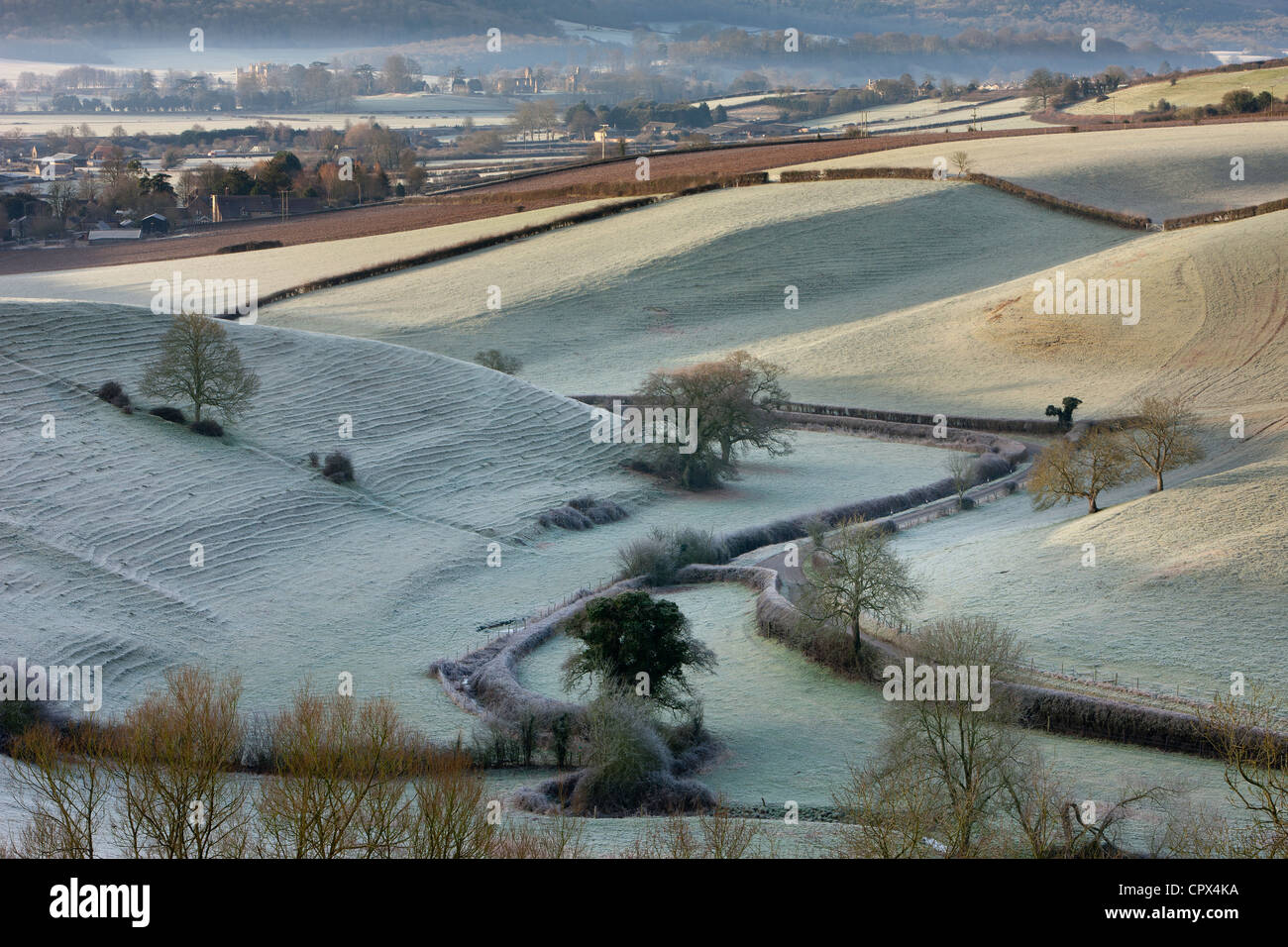 Un matin glacial sur la route d'Oborne, Dorset, England, UK Banque D'Images