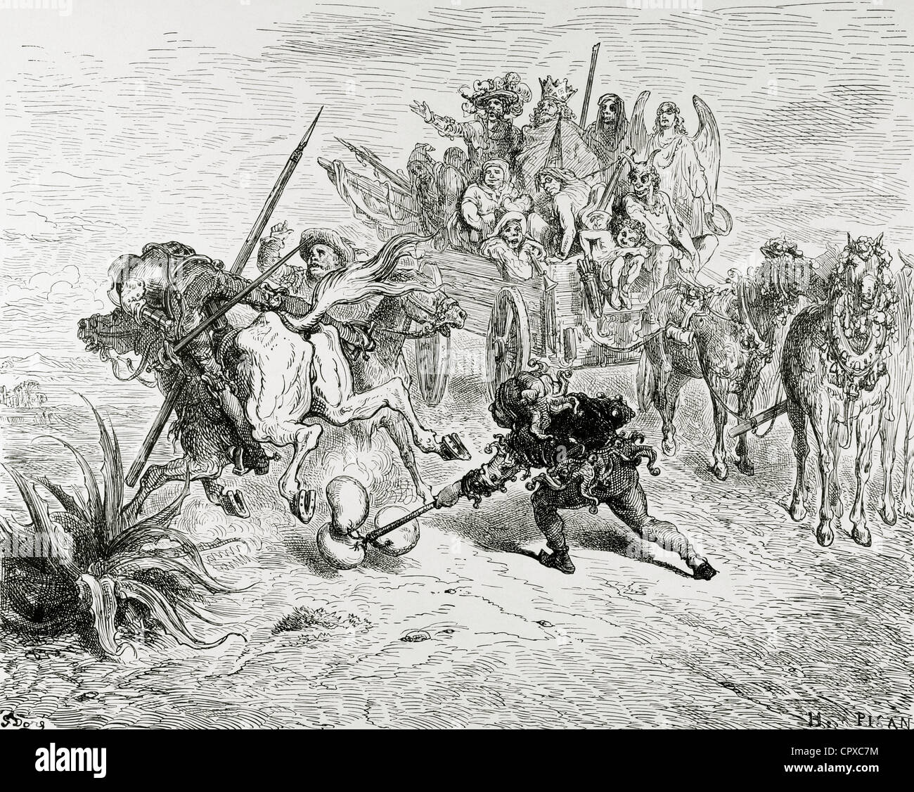 Don Quichotte de Miguel de Cervantes. Don Quichotte se réunit un groupe de théâtre itinérante. Par Doré. Banque D'Images