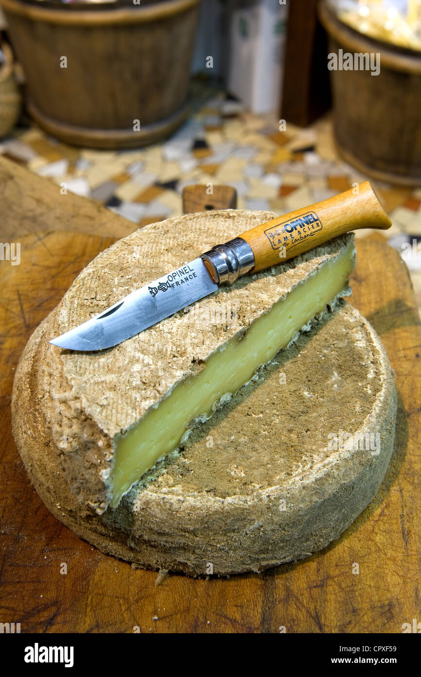 France Savoie Chambery fromager la laiterie des Halles (fromagers) tomme fermiere du Grand Bornand spécialité locale de fromage Banque D'Images