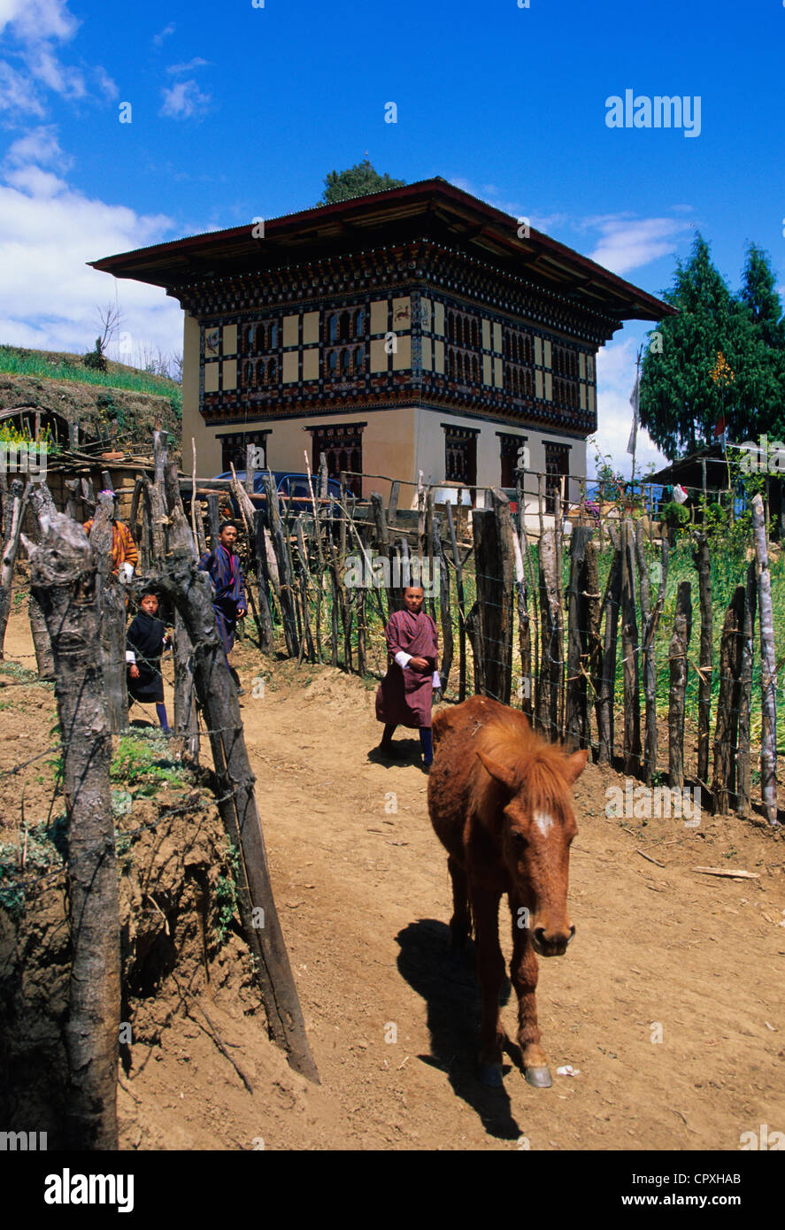 Le Bhoutan, district de Punakha, Talo, pisé traditionnel en bois maison avec un toit recouvert de tuiles en bois, peasans Banque D'Images