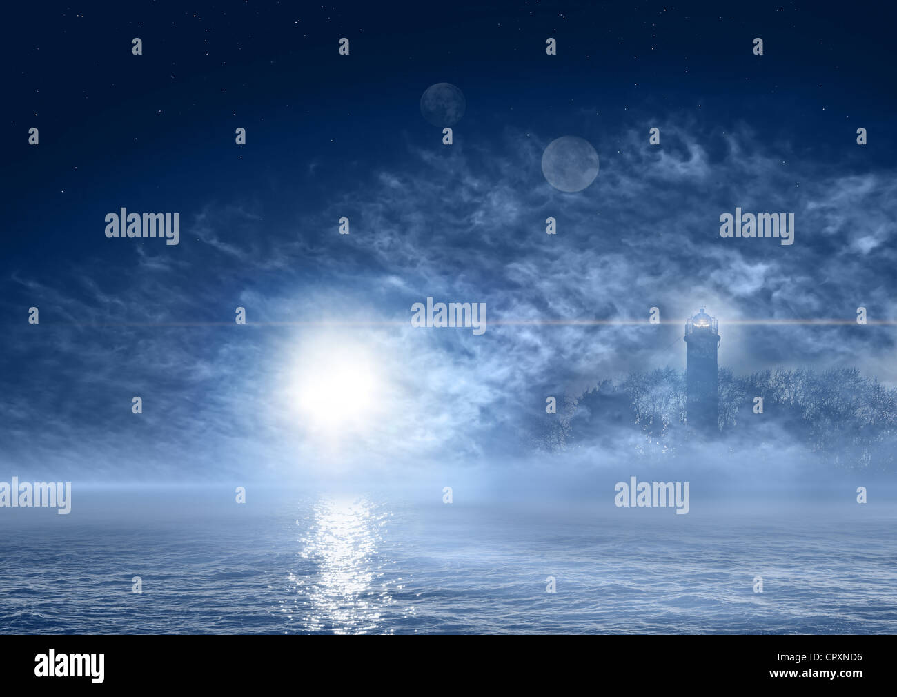 Belle nuit paysage de fantaisie avec de l'océan brumeux, soleil, planètes et phare fantomatique Banque D'Images