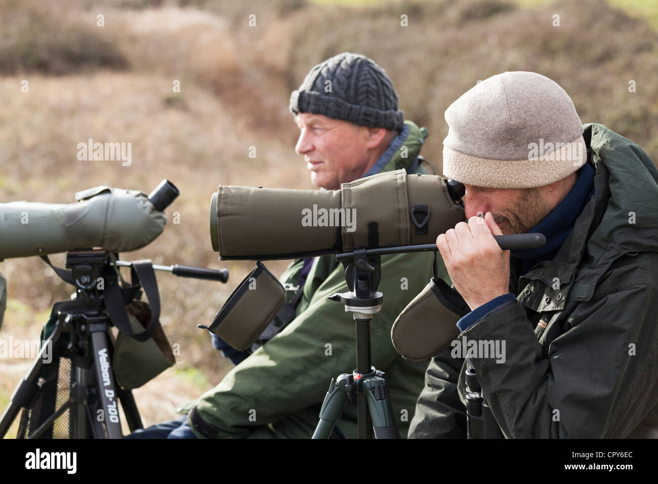 Les observateurs d'oiseaux avec télescope sur trépied en hiver Banque D'Images