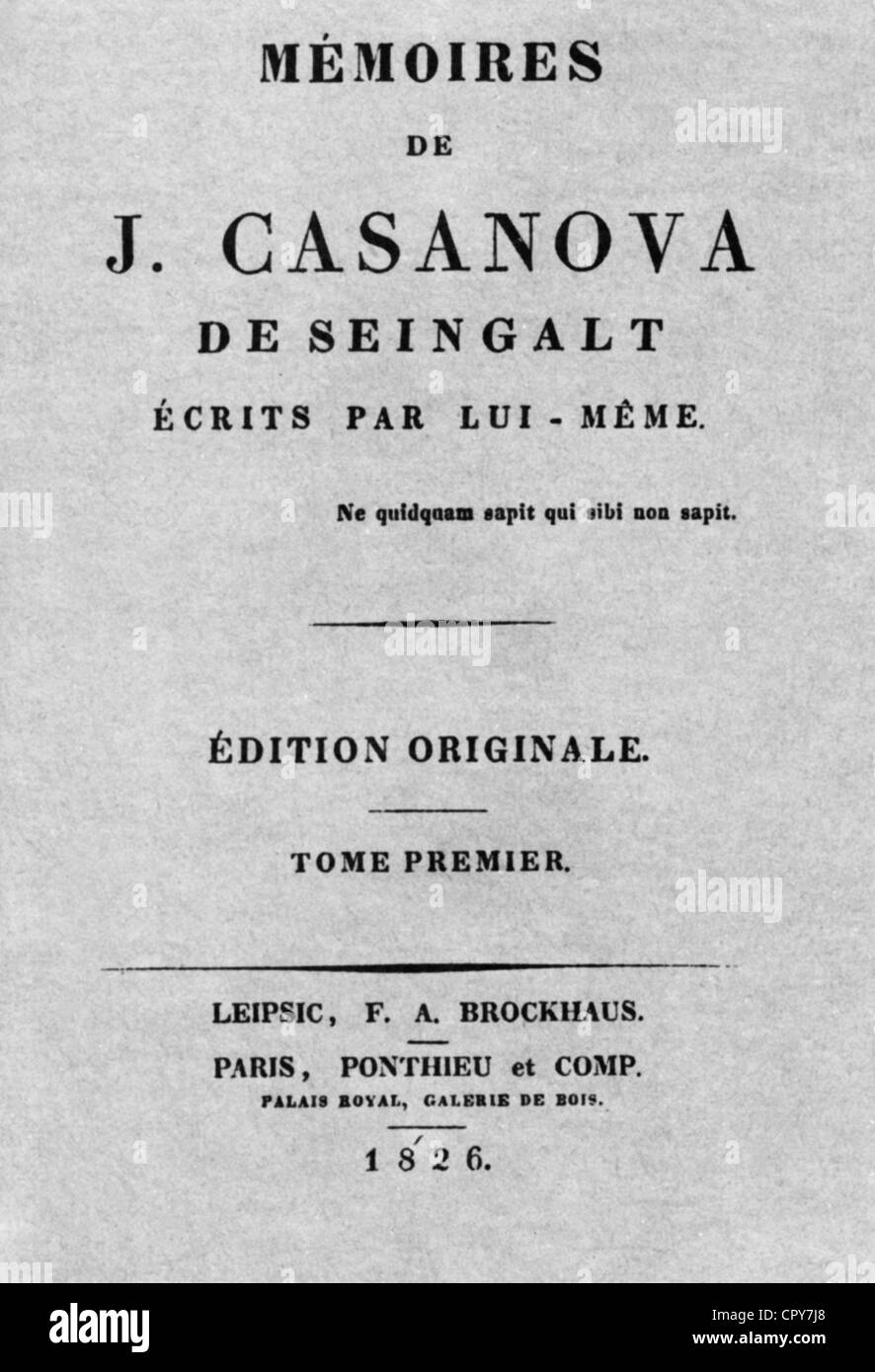 Casanova, Giacomo, 2.4.1725 - 4.6.1798, aventurier italien et auteur / auteur / écrivain, mémoires, titre, édition française, Leipzig et Paris, 1826, Banque D'Images