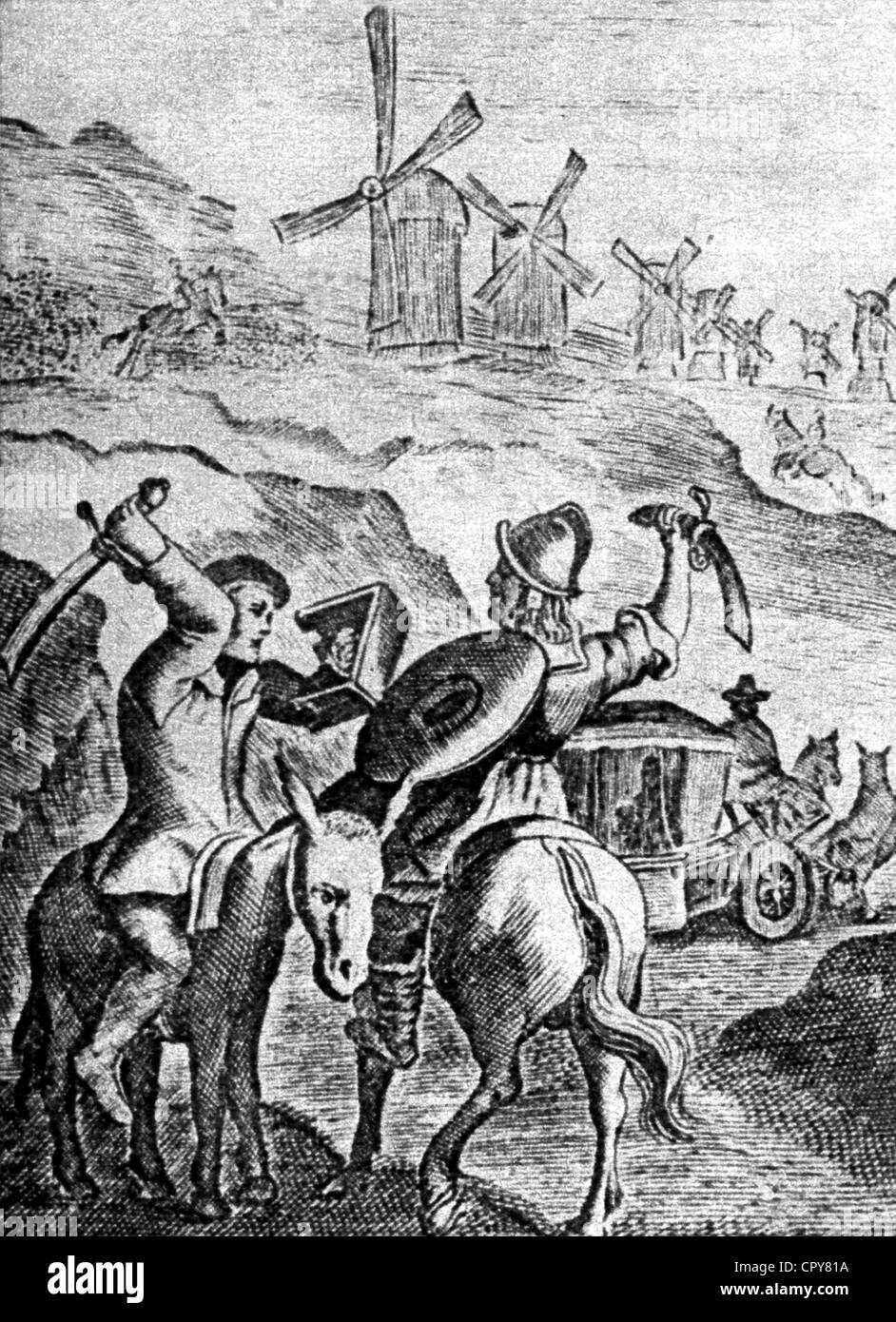 Don Quichotte, caractère, dans un roman de Miguel Cervantès (1547 - 1616), Combats, gravure sur cuivre de Colin à l'édition française, 1700, l'artiste n'a pas d'auteur pour être effacé Banque D'Images