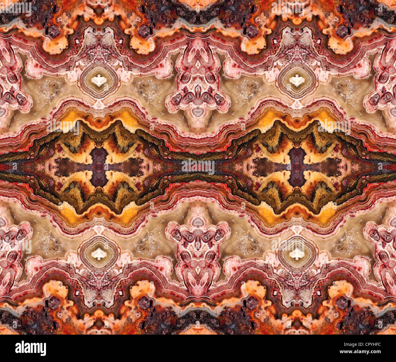 Tranche polie de Ocean Jasper / Agate - motif symétrique fait à partir de l'image répétée Banque D'Images