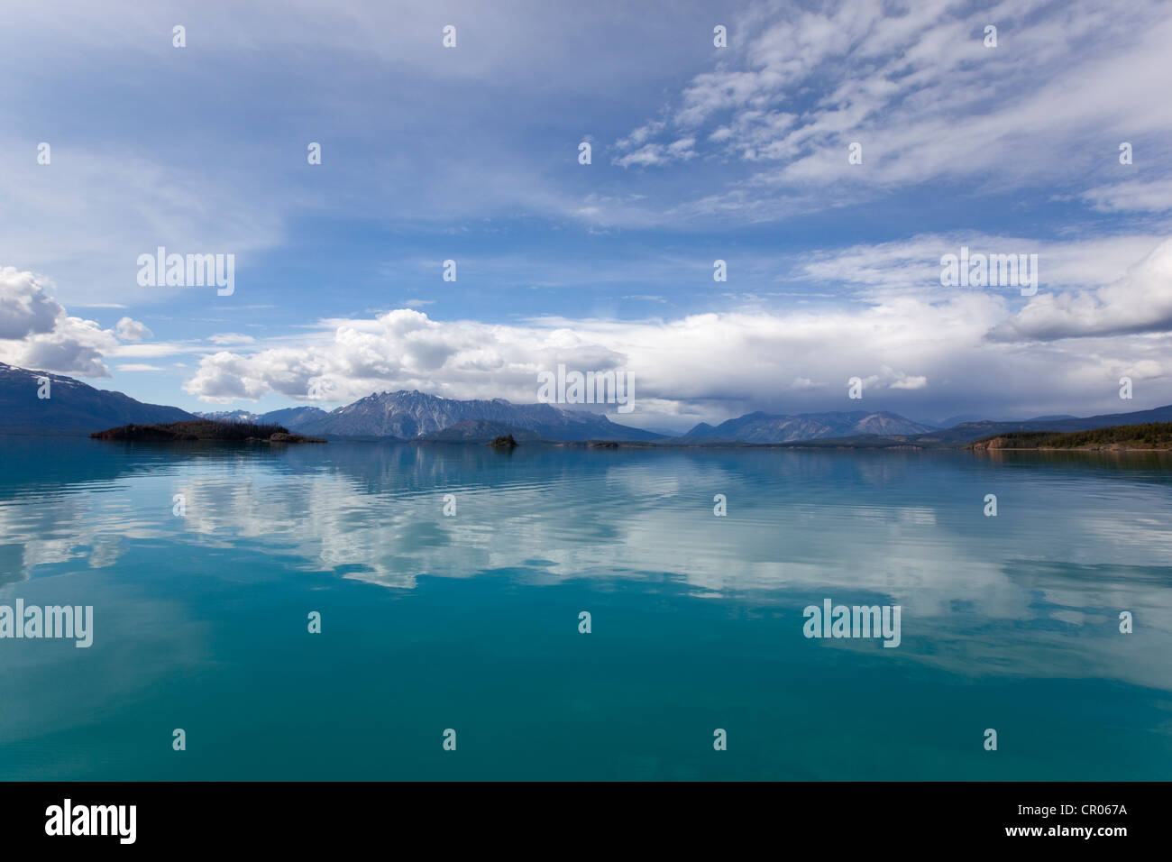 Réflexions sur nuage calme lac Atlin, les montagnes derrière, Tagish Highland, British Columbia, Canada, Amérique Latine Banque D'Images