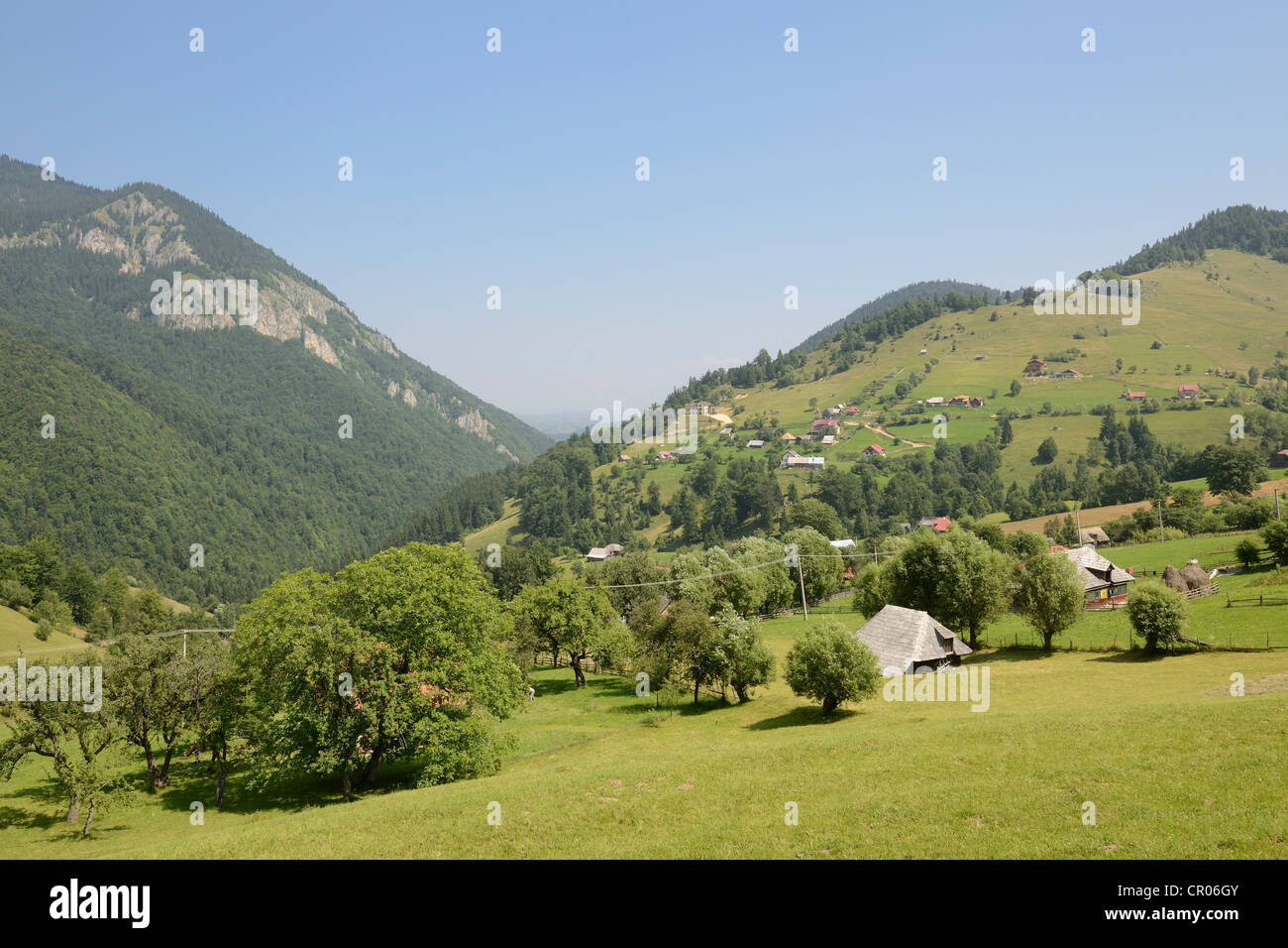Vue de l'habitat dispersé de Magura, Piatra Craiului, Roumanie, Europe Banque D'Images