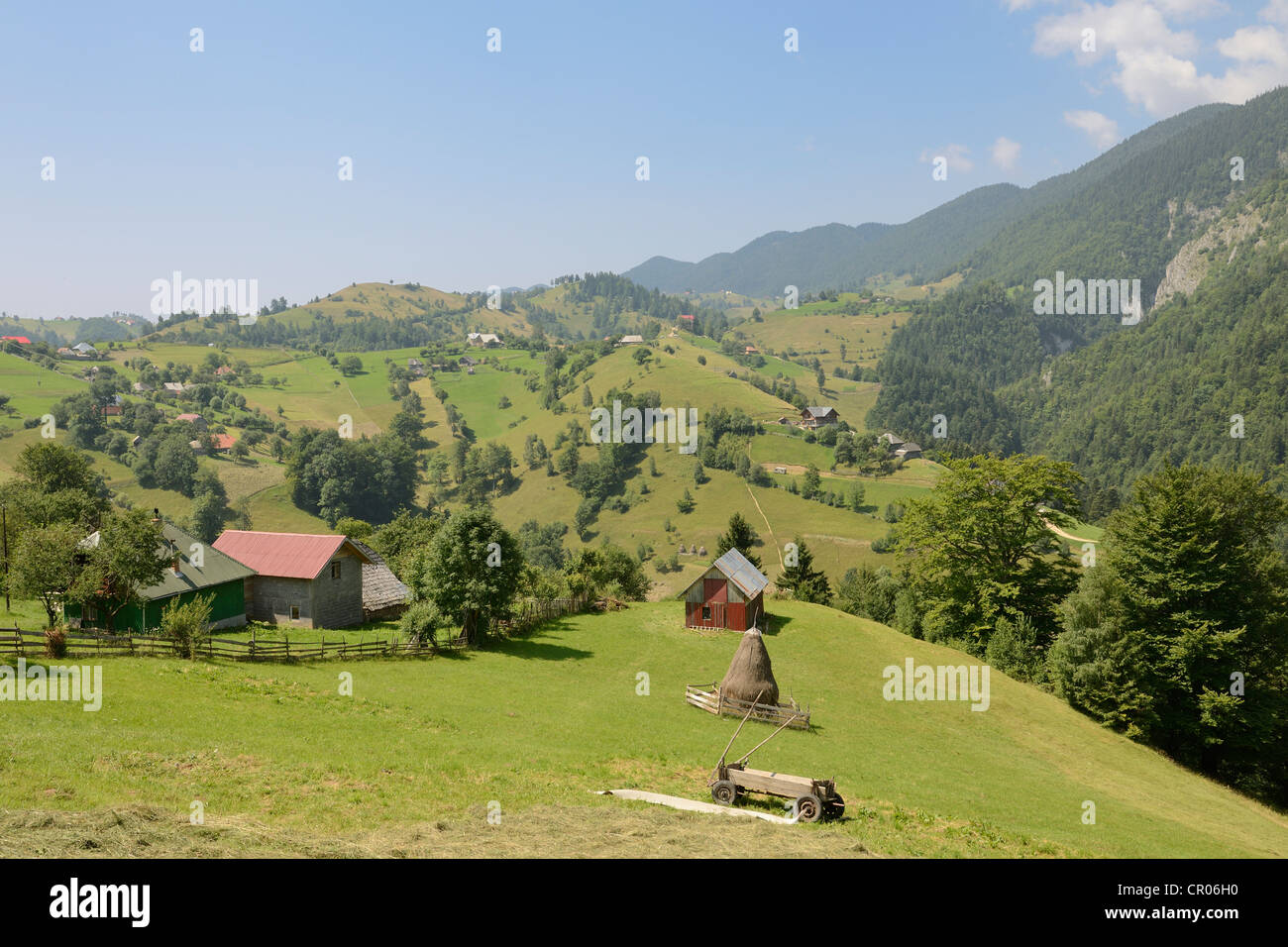 Vue de l'habitat dispersé de Magura, Piatra Craiului, Roumanie, Europe Banque D'Images