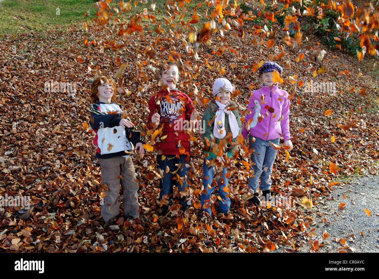 Enfants jouant avec des feuilles en automne Banque D'Images