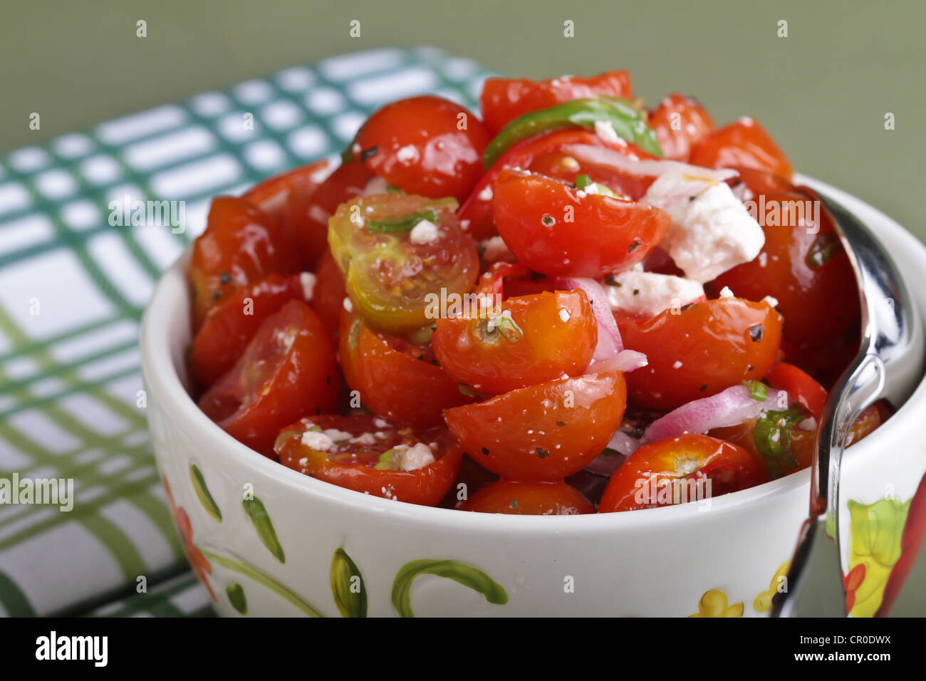 Une salade de fromage Feta aux tomates avec de petites rondelles d'oignons et de poivrons verts dans un bol décoratif avec une serviette à rayures vertes. Banque D'Images