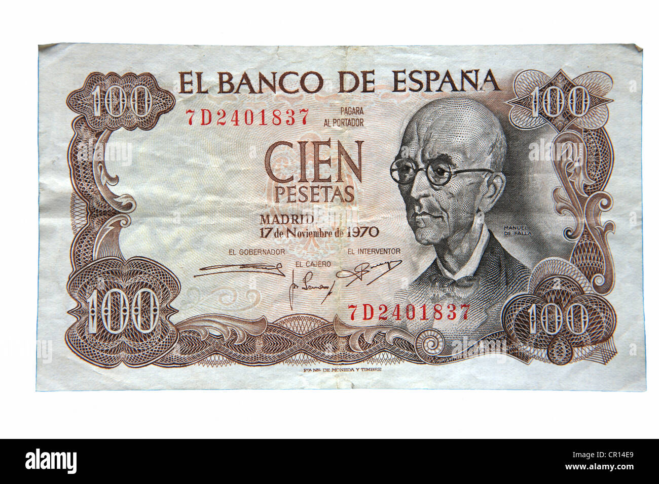 100 note de la peseta espagnole découper sur un fond blanc Banque D'Images