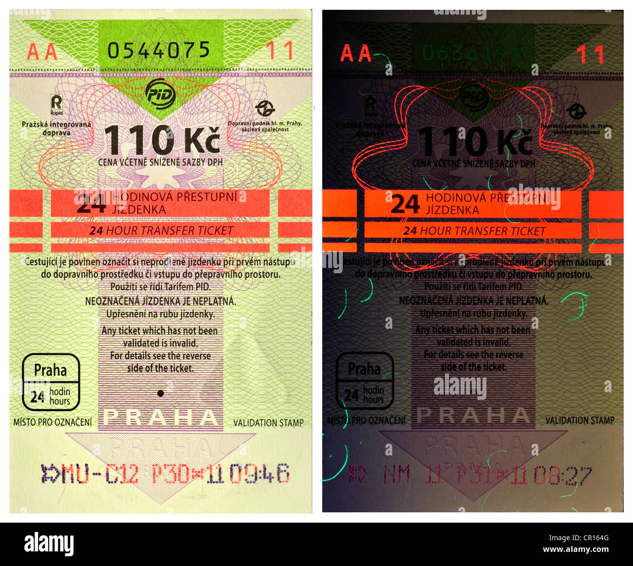 Tickets de transports à Prague - ticket 24h - 110kc couronnes. Fonctionnalités de sécurité sous lumière UV (à droite) Banque D'Images