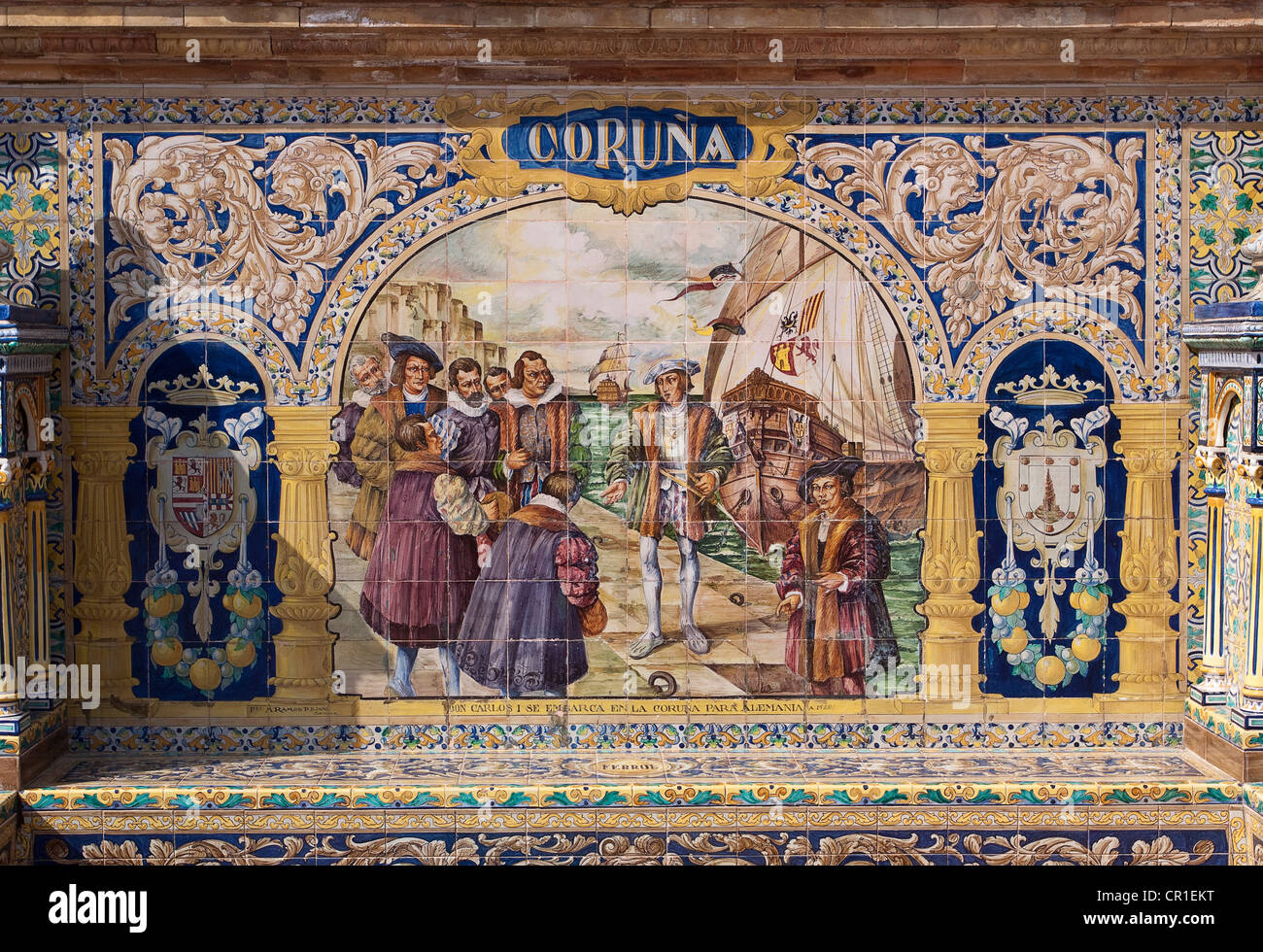 Mosaïque de carreaux d'une province d'Espagne, la Plaza de España, Séville, Espagne, Europe Banque D'Images