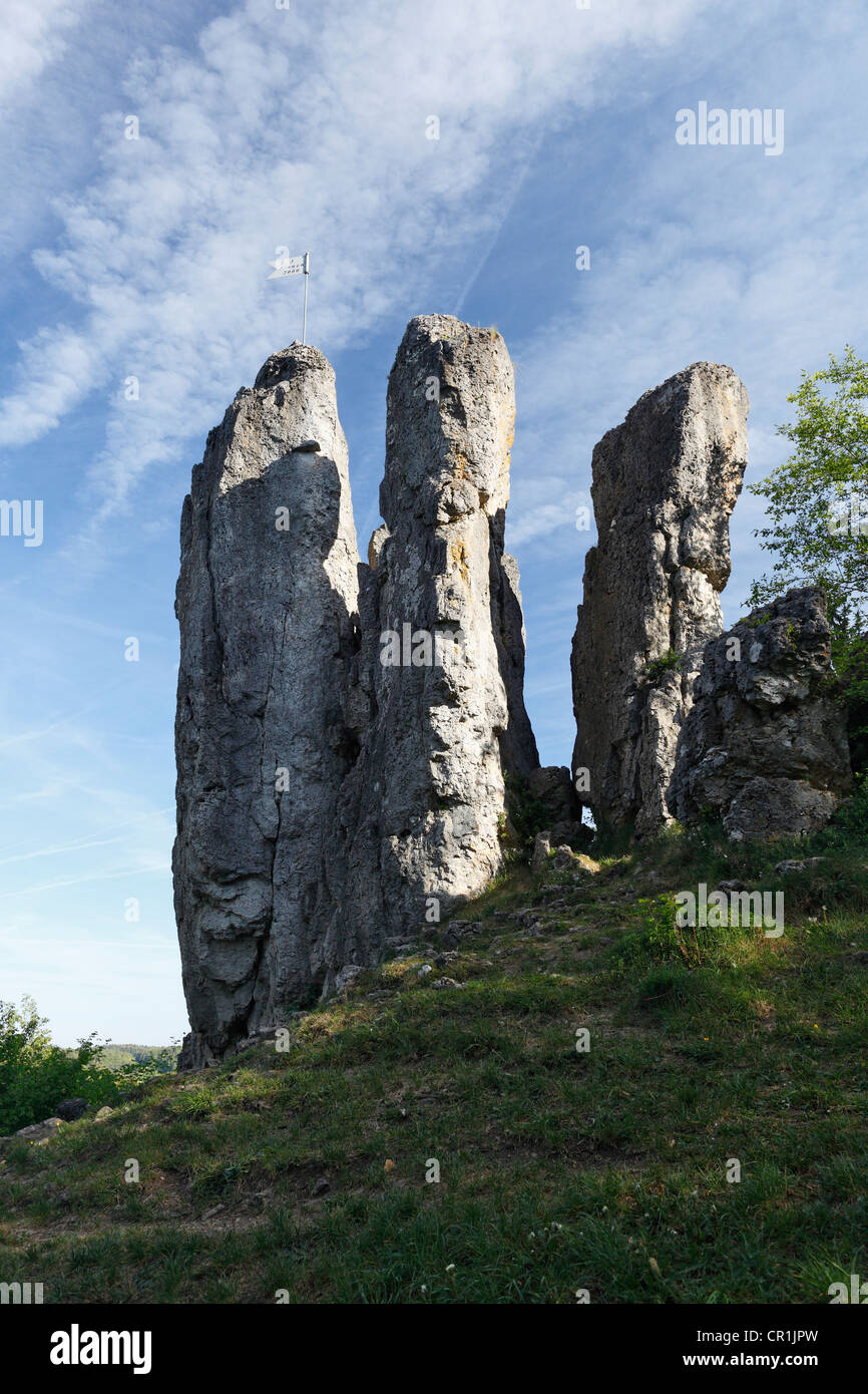 Drei Zinnen des rochers près de Grossenohe, municipalité de Hiltpoltstein, petite Suisse, Haute-Franconie, Franconia, Bavaria Banque D'Images