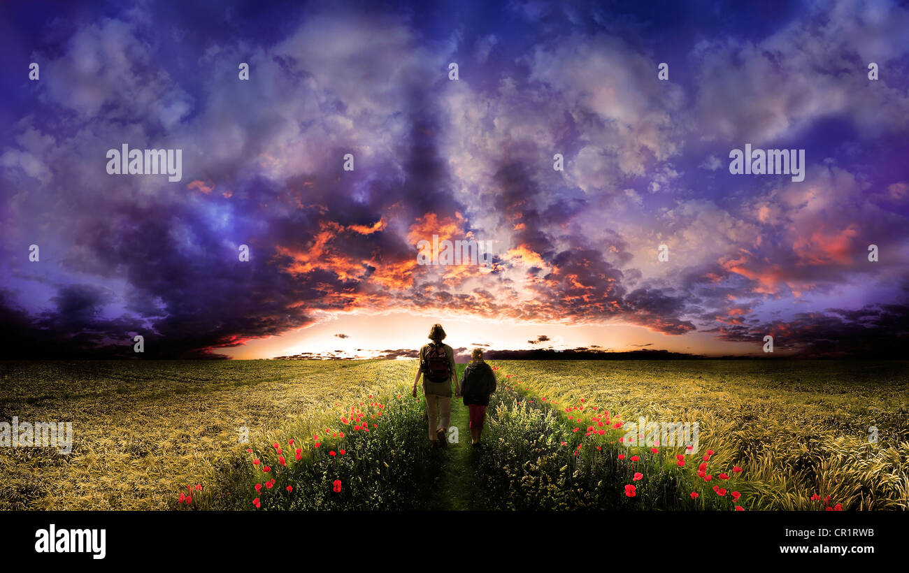 Femme et enfant marche sur un chemin bordé de fleurs de pavot au milieu d'un champ de maïs, coucher de soleil avec un ciel nuageux Banque D'Images