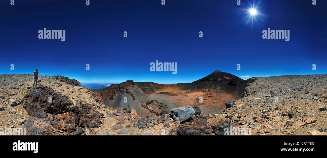 Panorama à 360° du Pico Viejo et volcan Pico del Teide montagne avec une femme debout sur le bord d'un cratère Banque D'Images