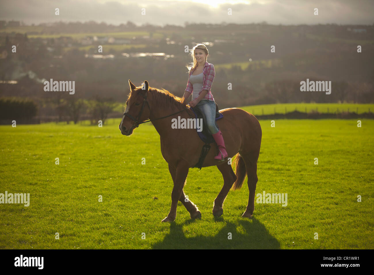 Teenage girl riding horse in field Banque D'Images