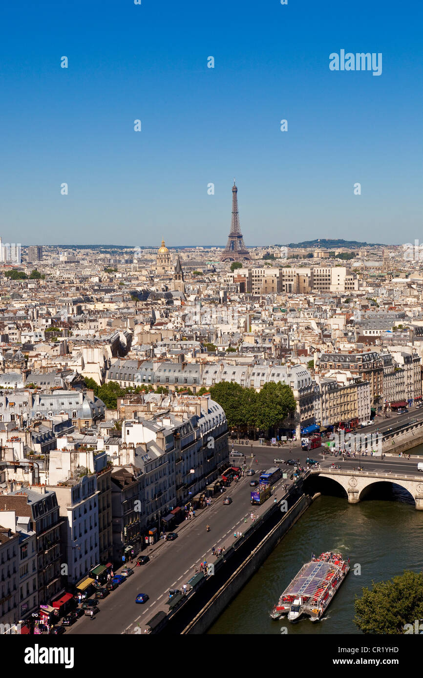 France, Paris, vue générale de la cathédrale Notre-Dame de Paris, les quais de Seine Patrimoine Mondial de l'Unesco et Tour Eiffel Banque D'Images