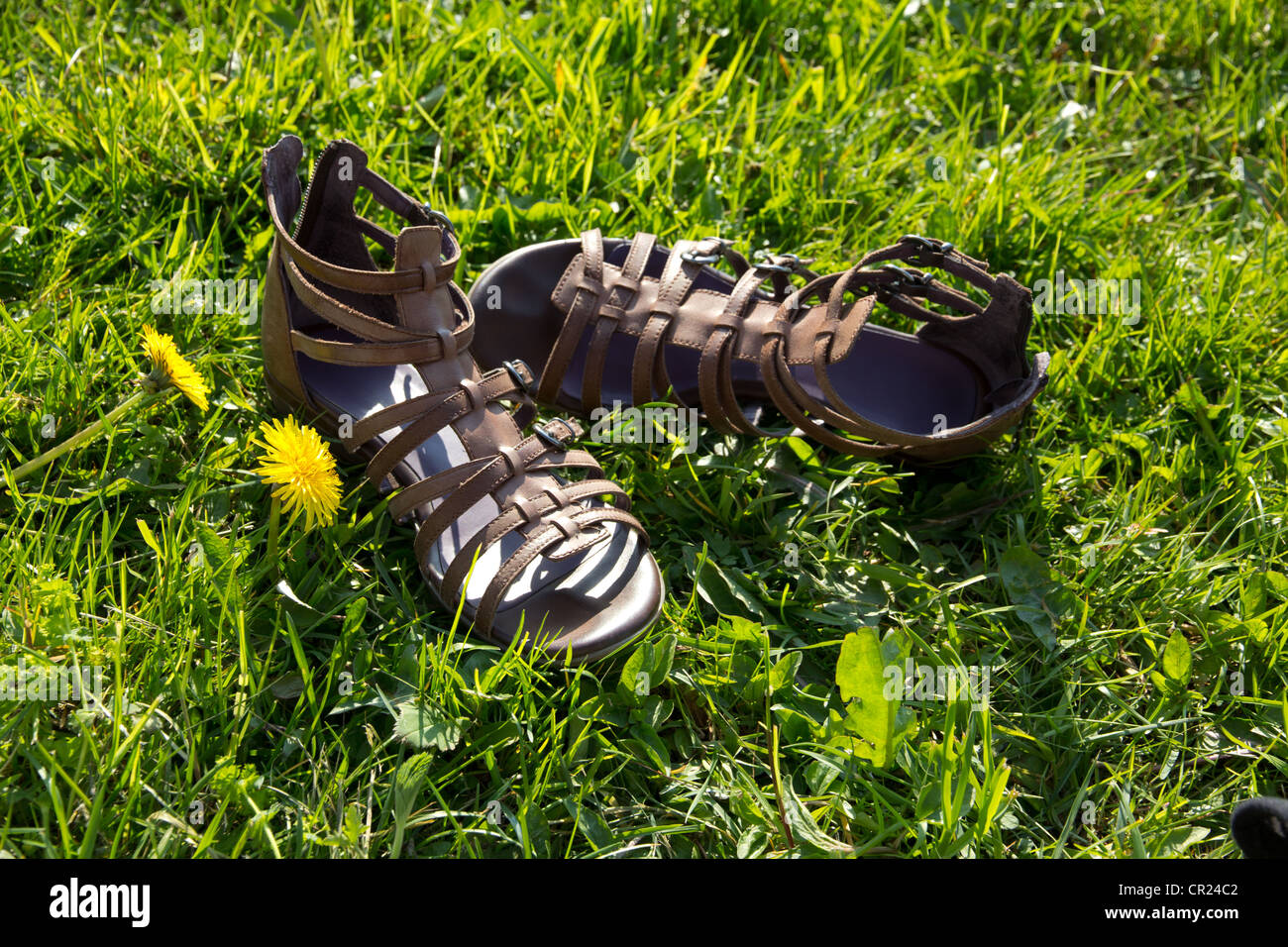 Une paire de chaussures de femme sur l'herbe - femme prend sa journée Banque D'Images