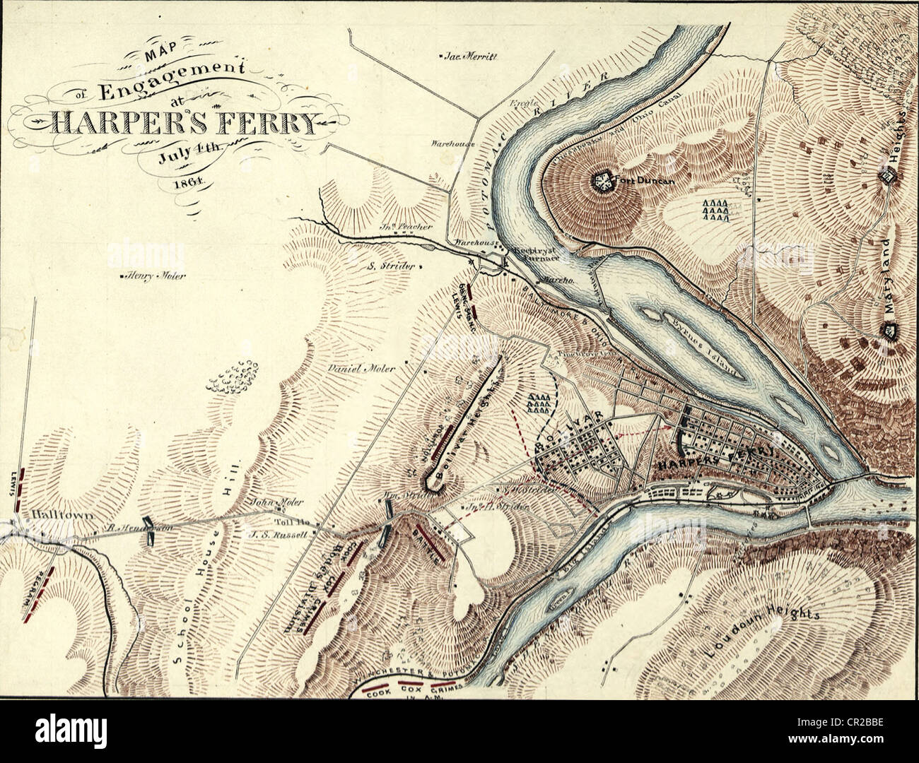 Plan de Harper's Ferry, West Virginia en 1864, du rapport du 2e Corps, Armée de Virginie du Nord, publié en 1864. Banque D'Images