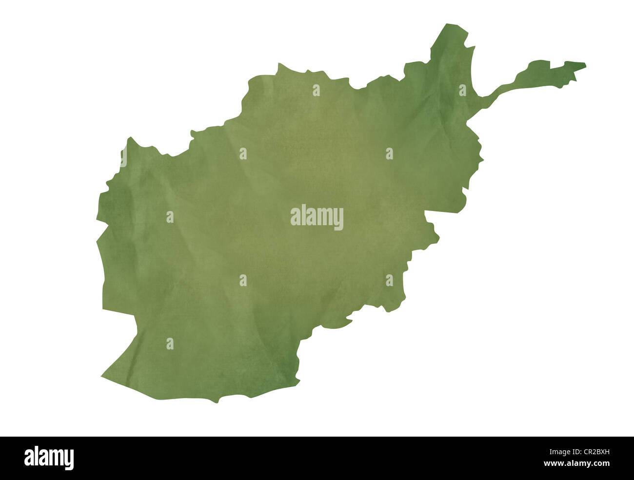 Ancienne carte verte de l'Afghanistan en papier vert texturé, isolé sur fond blanc. Banque D'Images