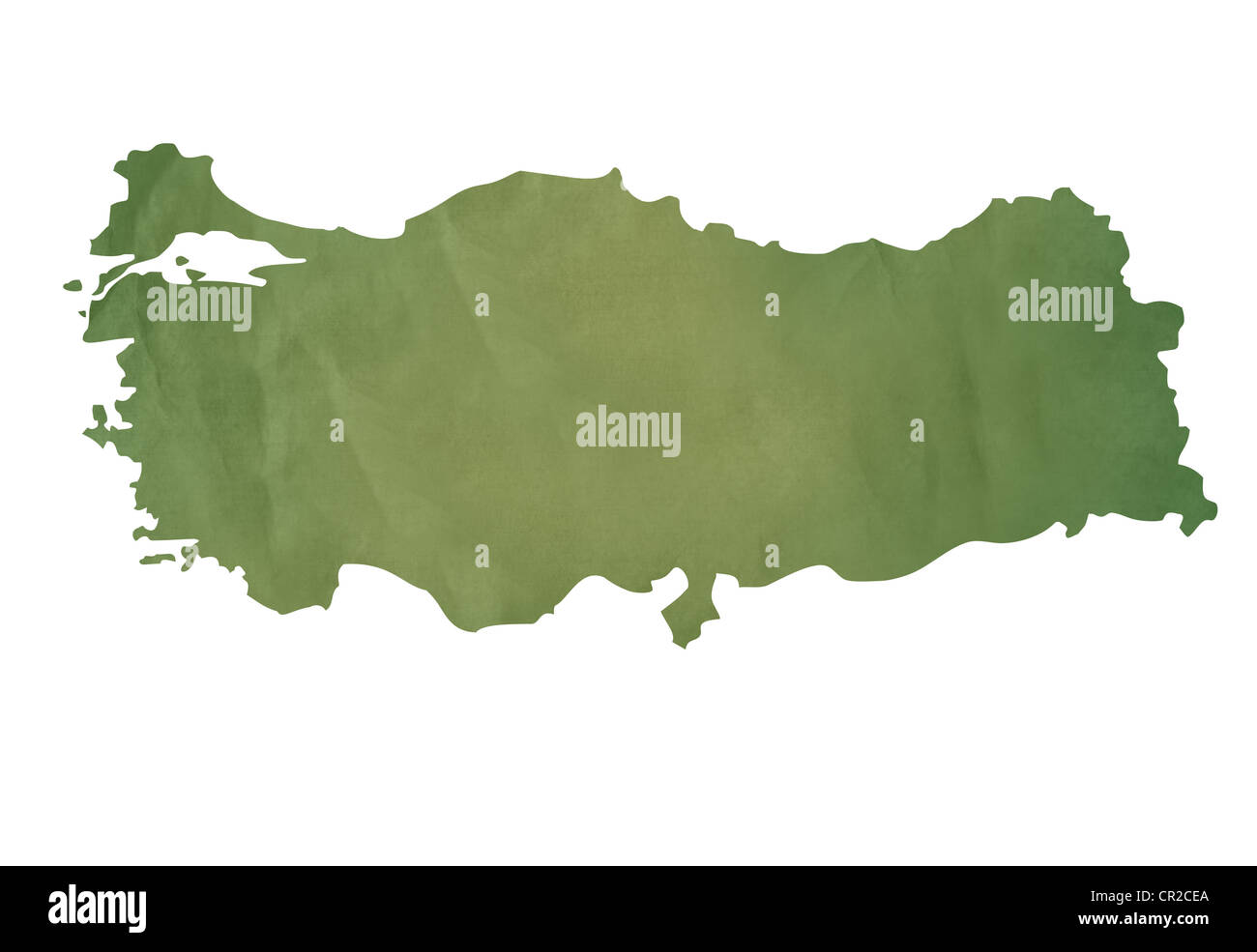 Ancienne carte verte de la Turquie en papier vert texturé, isolé sur fond blanc. Banque D'Images