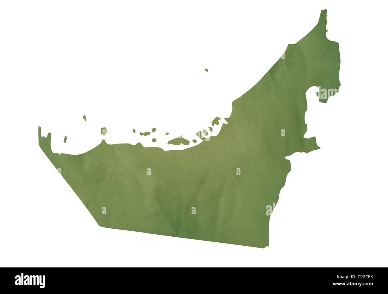 Ancienne carte verte des Emirats arabes unis en papier vert texturé, isolé sur fond blanc. Banque D'Images
