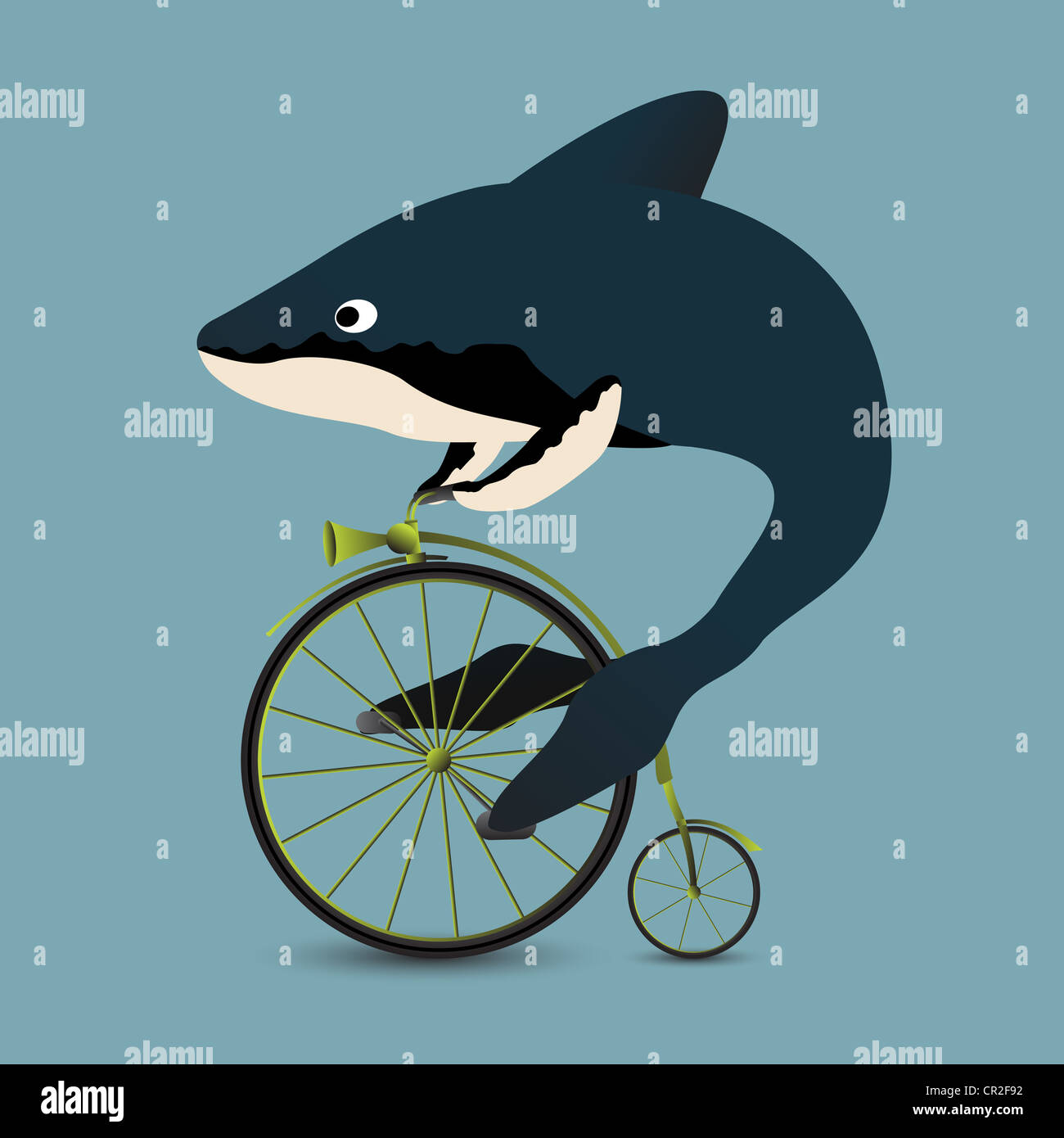 Illustration graphique conceptuel d'une baleine la conduite d'un vélo vintage. Banque D'Images