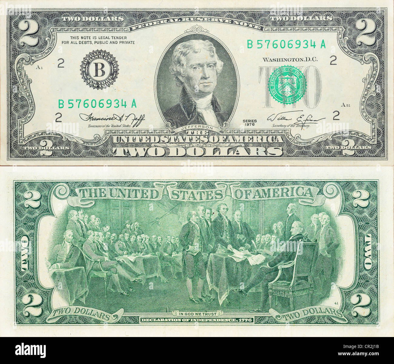 Billet d'anniversaire historique, deux dollars US 1976 (let out à 200 ans - déclaration de l'indépendance 1776 Signature) Banque D'Images
