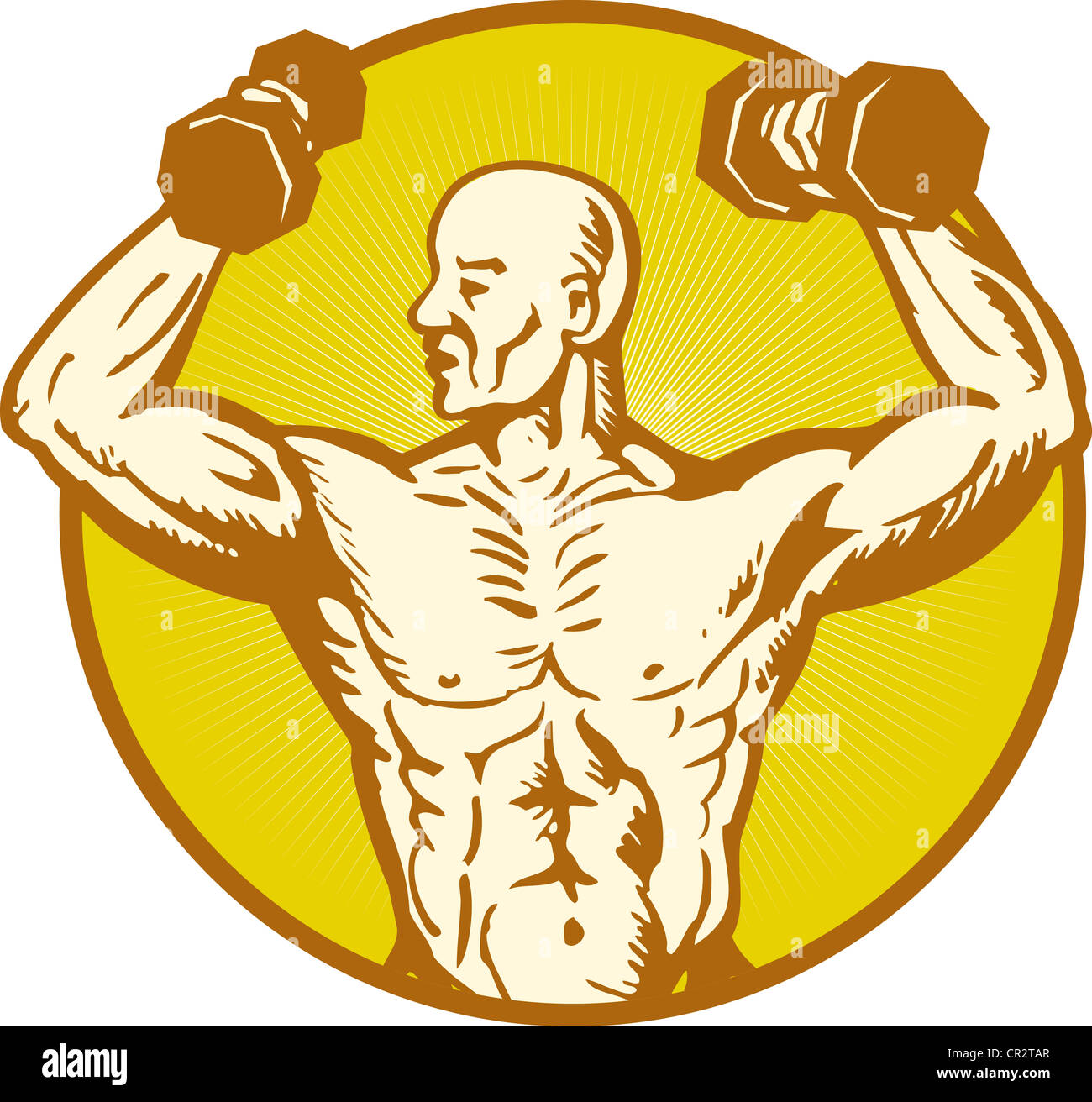 Illustration de l'homme anatomie humaine Body builder flexing muscles sur fond isolé situé à l'intérieur du cercle style gravure sur bois Banque D'Images