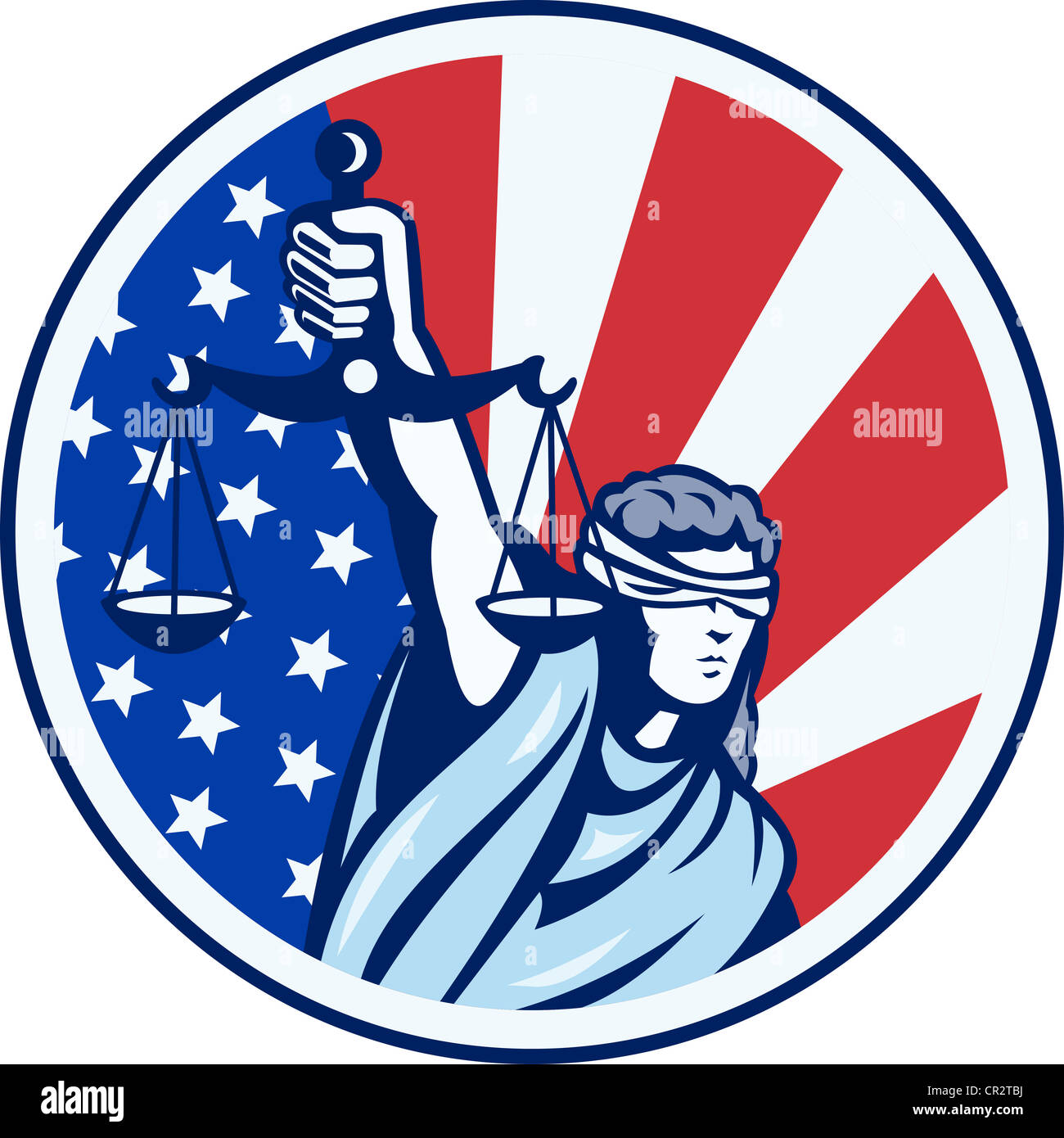 Illustration de dame avec bandeau holding balance de la justice avec American stars and stripes drapeau est défini à l'intérieur du cercle style retro Banque D'Images