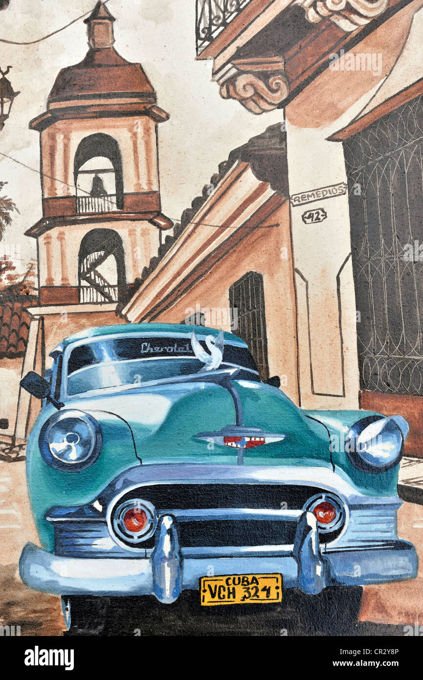 Peinture à l'huile, vintage car, Santa Clara, Cuba, Antilles, Caraïbes, Amérique Centrale, Amérique Latine Banque D'Images