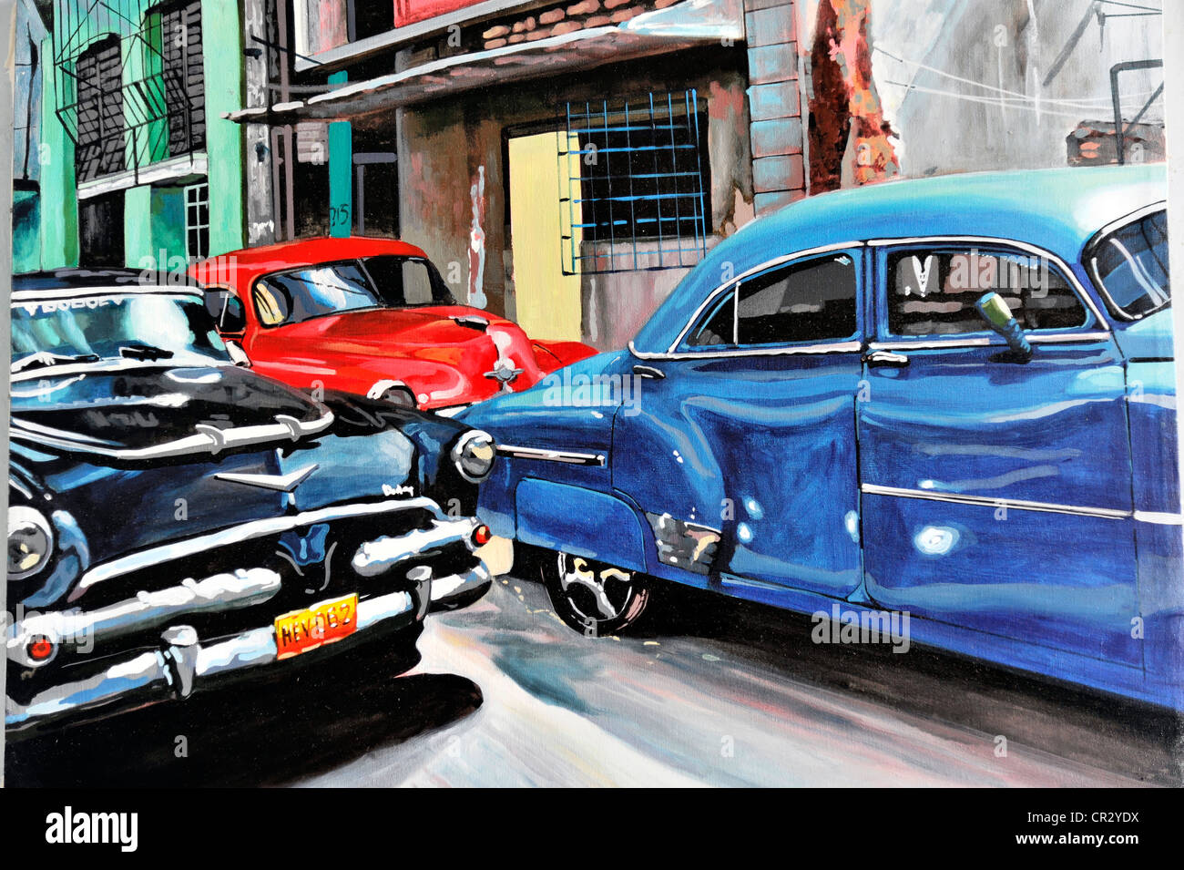 Peinture, peinture à l'huile, voitures, vintage ou voitures classiques des années 50, souvenirs, Trinidad, Cuba, Antilles, Caraïbes Banque D'Images