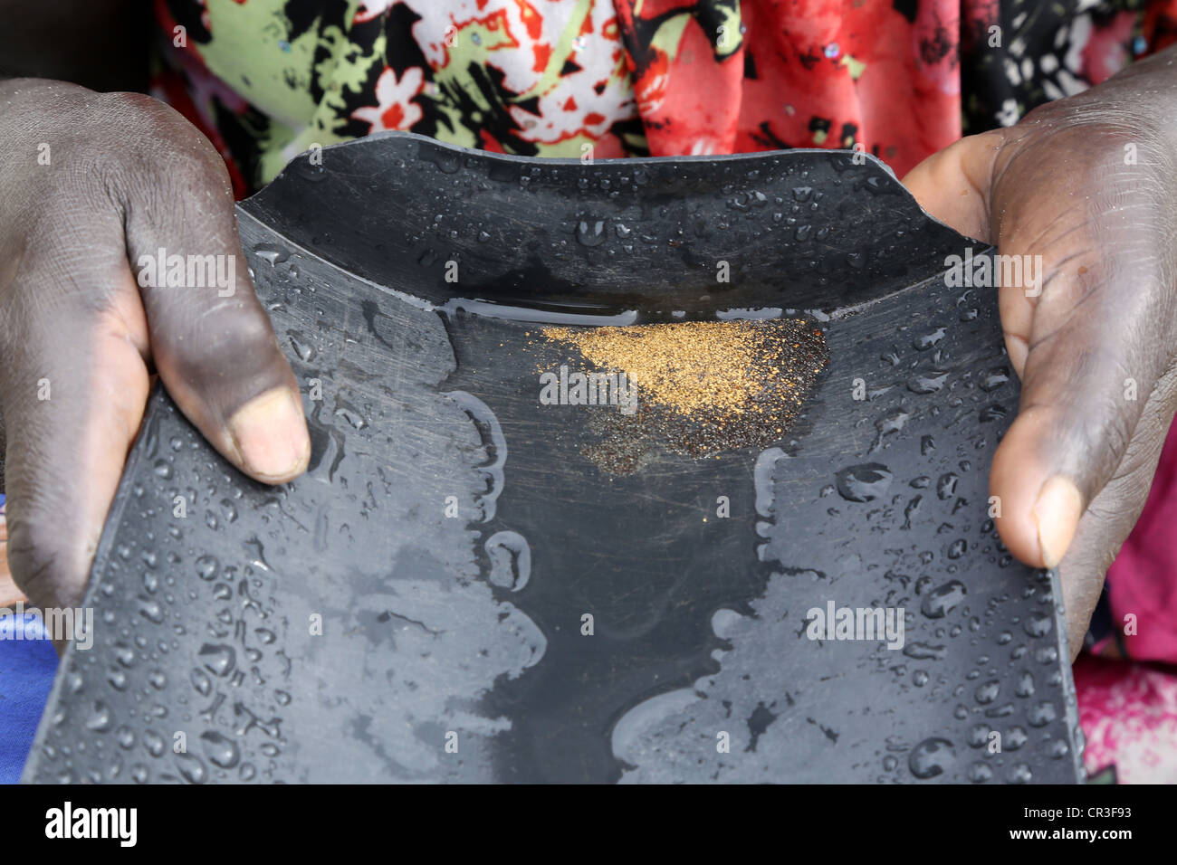 Or dans la batée femme Jaba polluée rivière qui coule à partir de la mine de cuivre de Panguna. La région autonome de Bougainville, PNG Banque D'Images