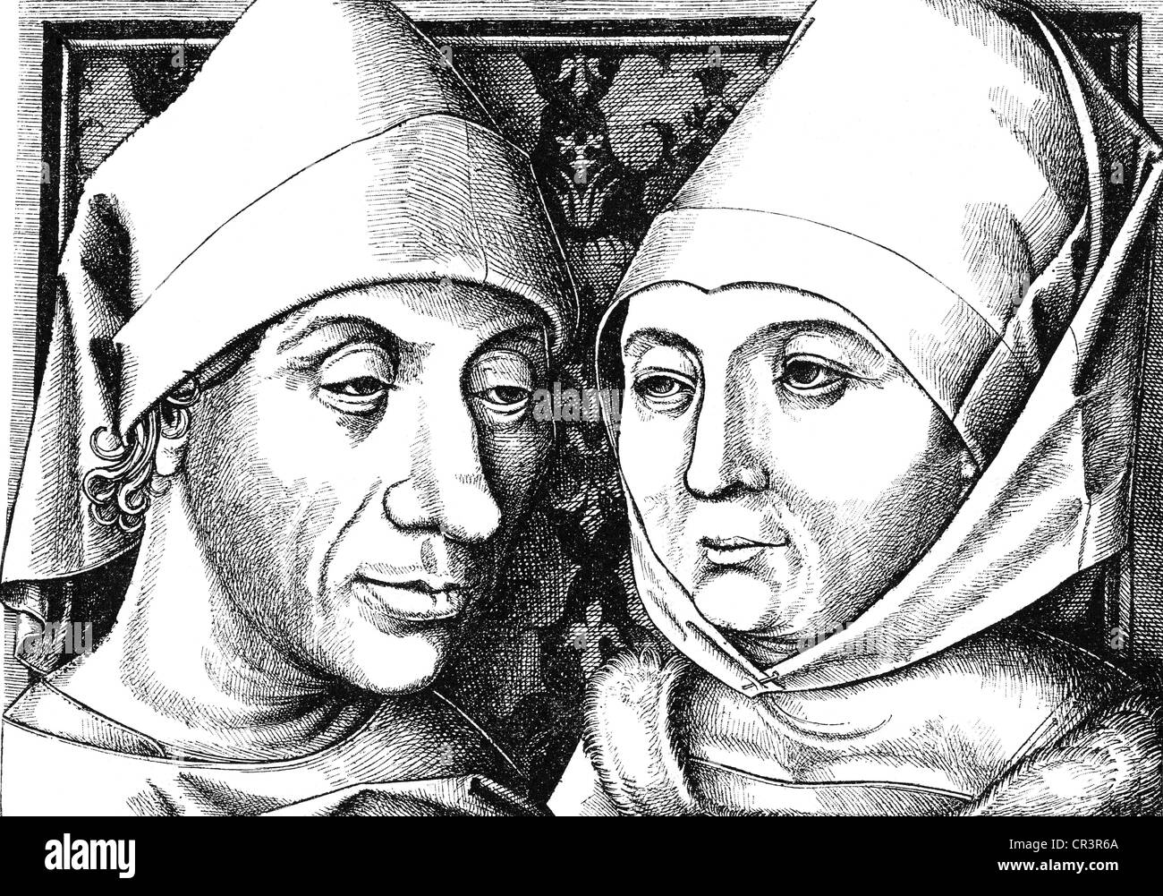 Meckenem Israhel, van, le plus jeune, vers 1440 - 10.11.1503, Allemand, gravure sur cuivre autoportrait avec femme Ida, gravure sur cuivre, début du 15ème siècle, l'artiste n'a pas d'auteur pour être effacé Banque D'Images