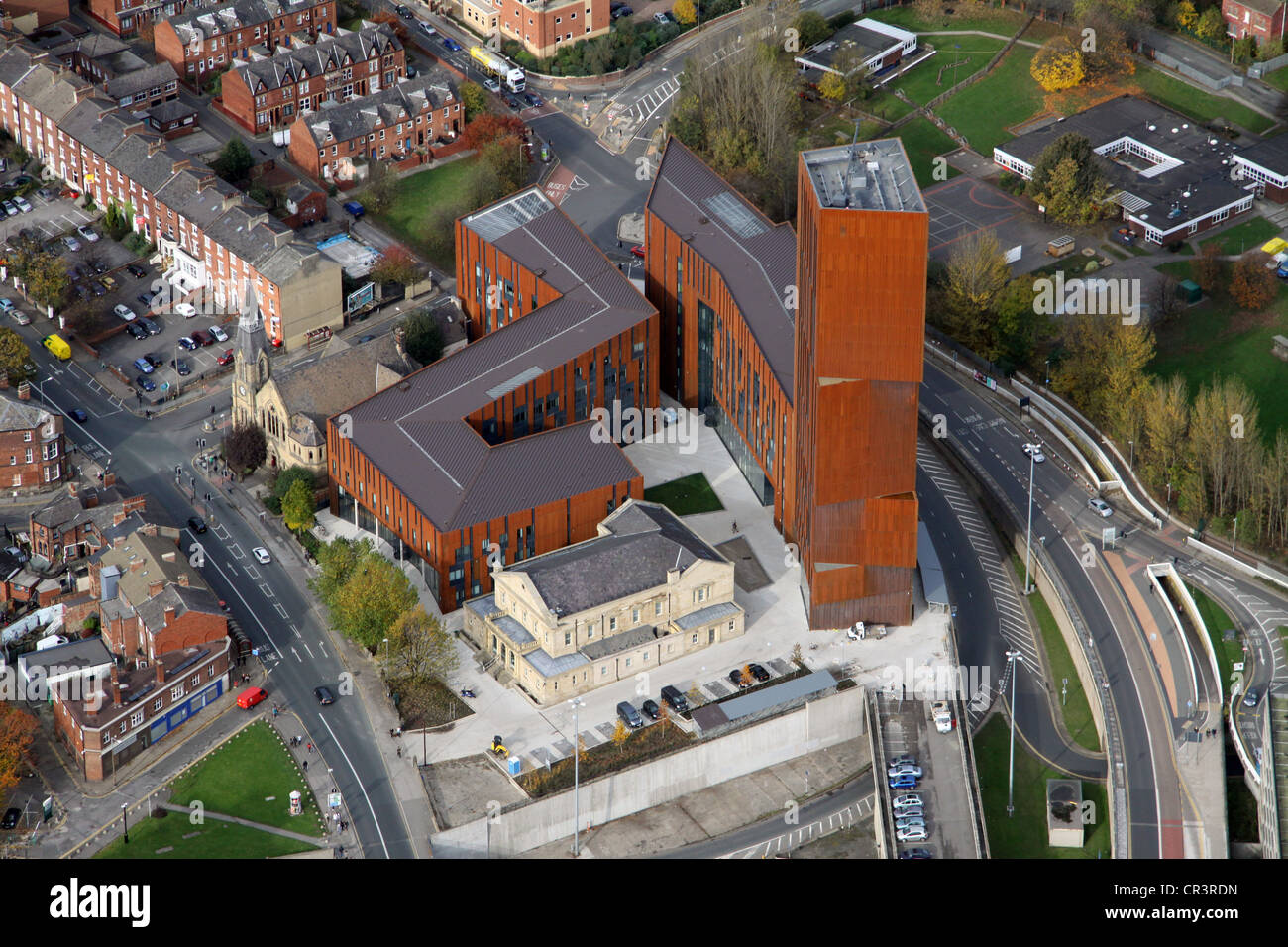 Vue aérienne de la Place de la radiodiffusion, de l'Université Métropolitaine de Leeds LMU Banque D'Images