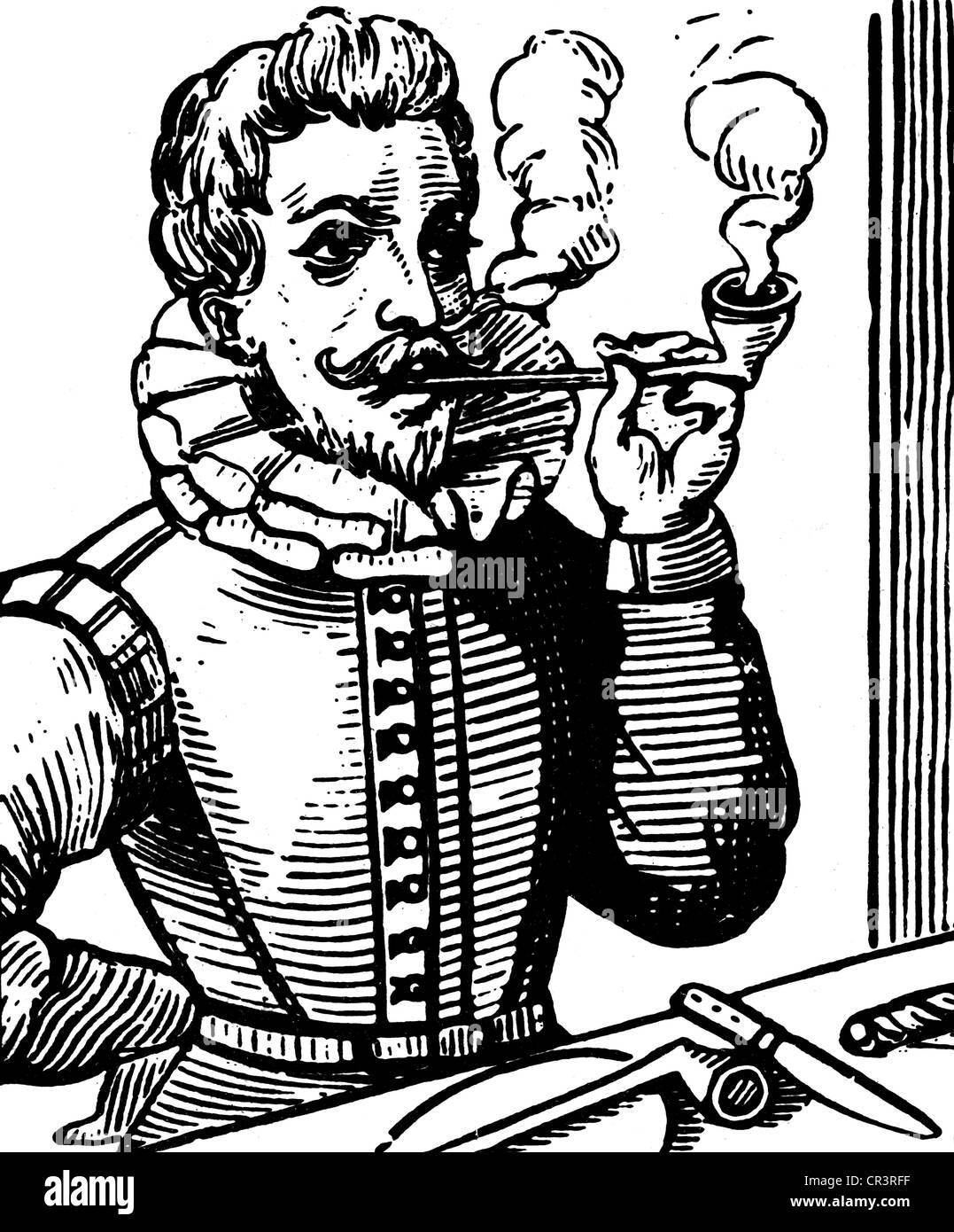 Sir Walter Raleigh, circa 1554, - 29.10.1618, navigateur anglais, fumer la pipe, gravure sur cuivre, contemporain de l'artiste n'a pas d'auteur pour être effacé Banque D'Images