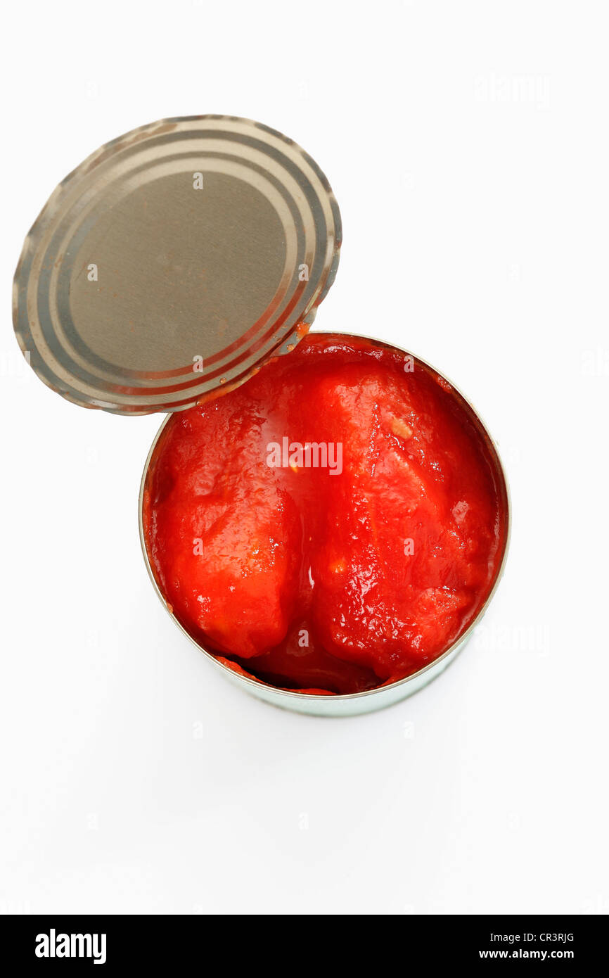 Boîte, ouvre boîte de tomates pelées Banque D'Images