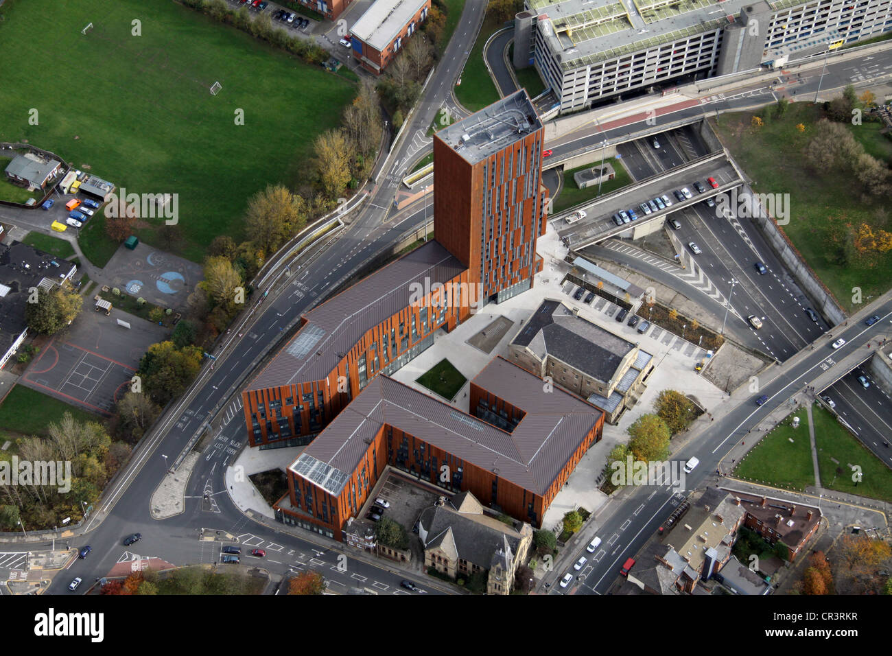 Vue aérienne de la Place de la radiodiffusion, de l'Université Métropolitaine de Leeds LMU Banque D'Images