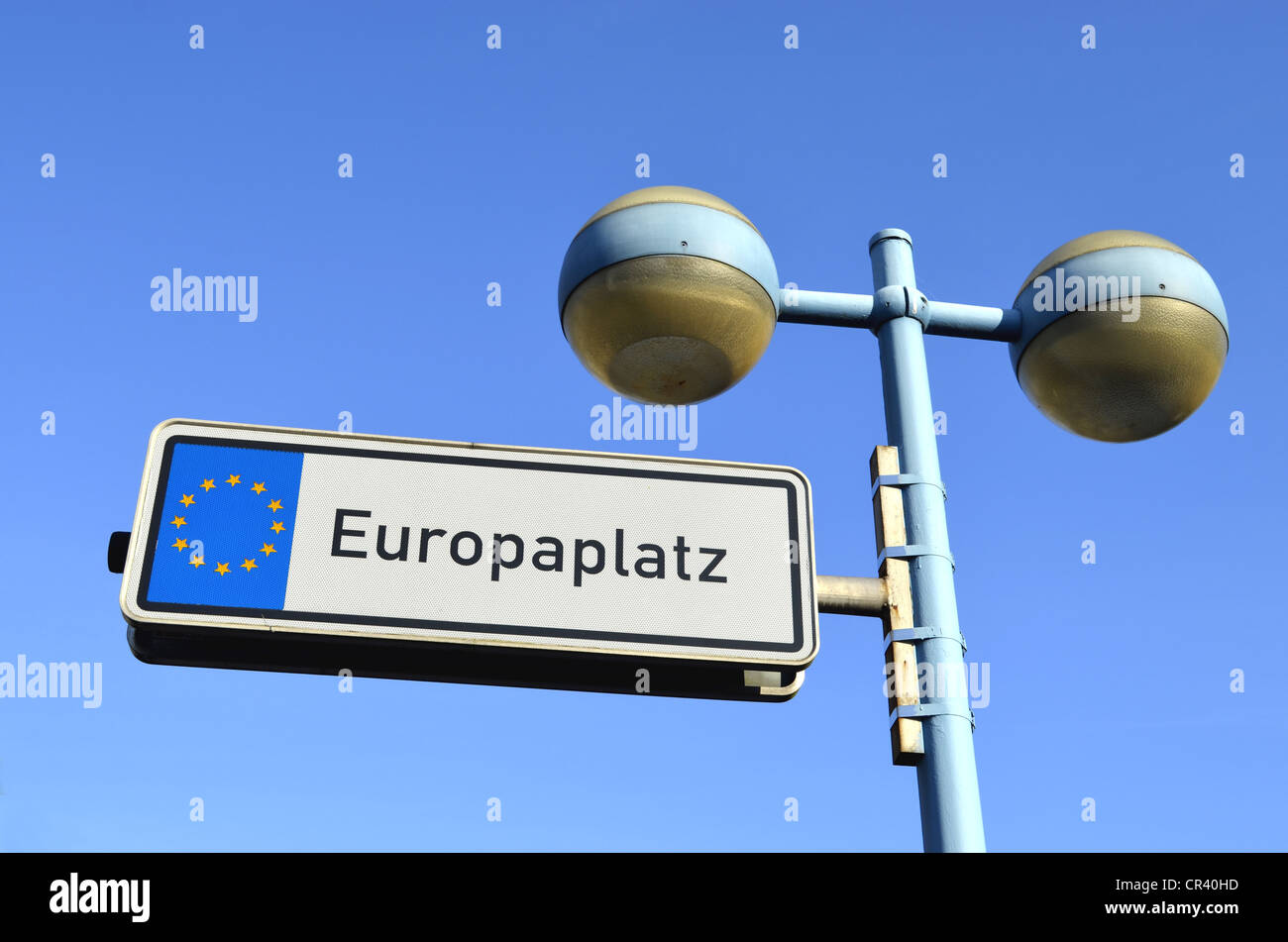 Europaplatz, street sign avec drapeau européen, Dorsten, Ruhr, Nordrhein-Westfalen, Germany, Europe Banque D'Images
