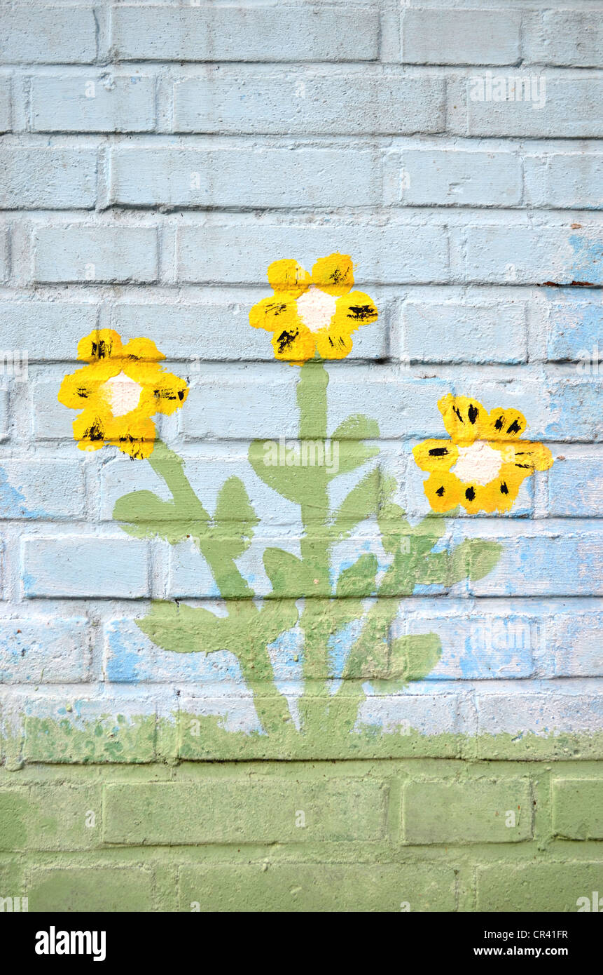 Fleurs jaunes, de peinture sur un mur, la peinture murale, playschool Muelheim an der Ruhr, Ruhr Banque D'Images