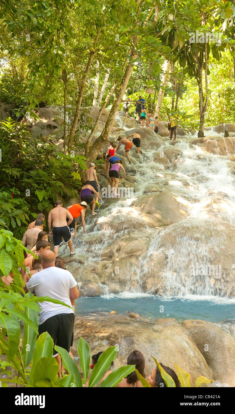 Groupe de touristes s'attaquer à Dunn's River Falls en Jamaïque Banque D'Images