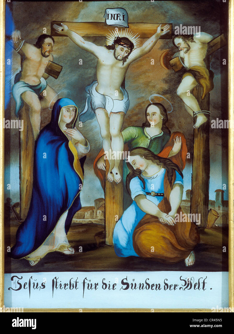 Crucifixion, de peinture sur verre inversé par Alois Gege, 1795-1864, Seehausen, Haute-Bavière, Bavaria, Germany, Europe Banque D'Images
