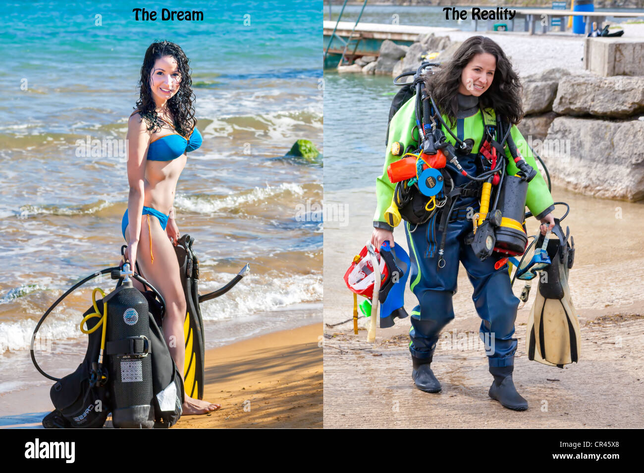 Une Belle Fille Montre Le Contraste Entre Le Reve Et La Realite De La Plongee Avec Humour Les Attentes Sur Une Plage Photo Stock Alamy