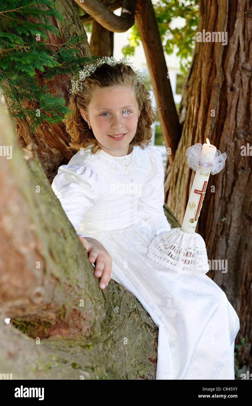 Première communion fille avec une robe blanche assise sur un arbre Photo  Stock - Alamy