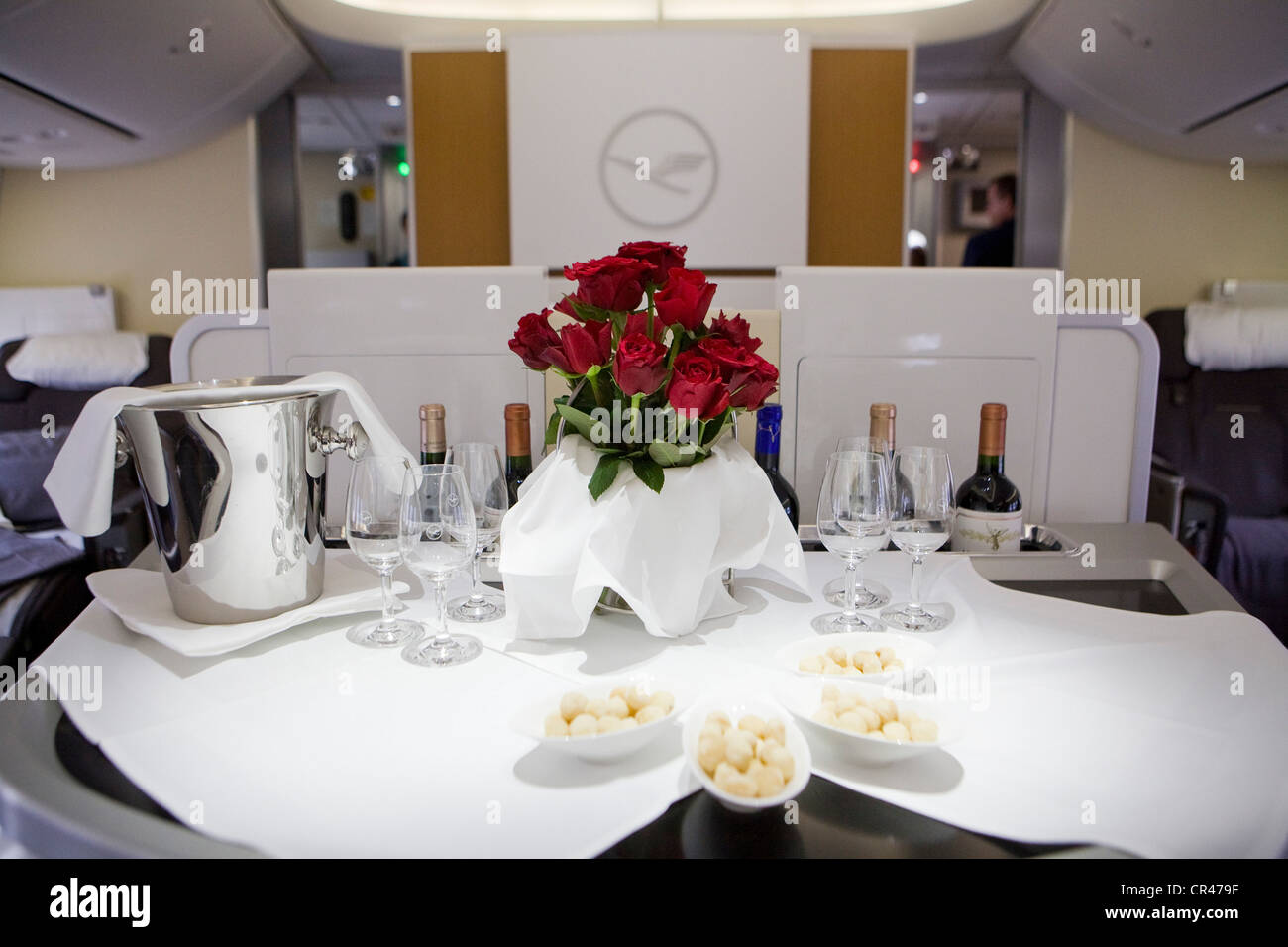 La première section de classe un Lufthansa Boeing 747-8. Banque D'Images