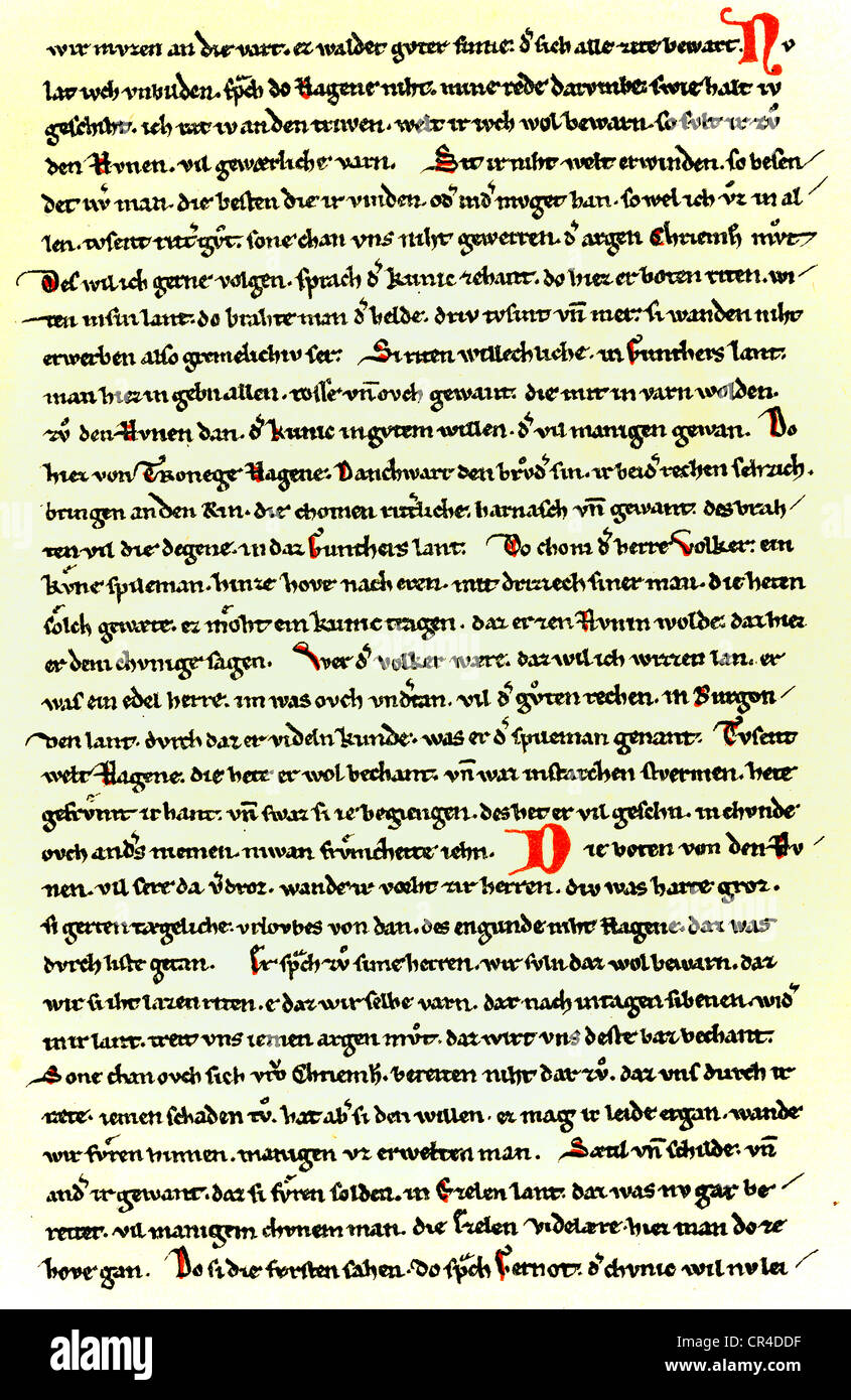 Des Nibelungen (le chant du Nibelungs), script C, Hohenems-Lassberg, début 13. Siècle, Badische Landesbibliothek Banque D'Images
