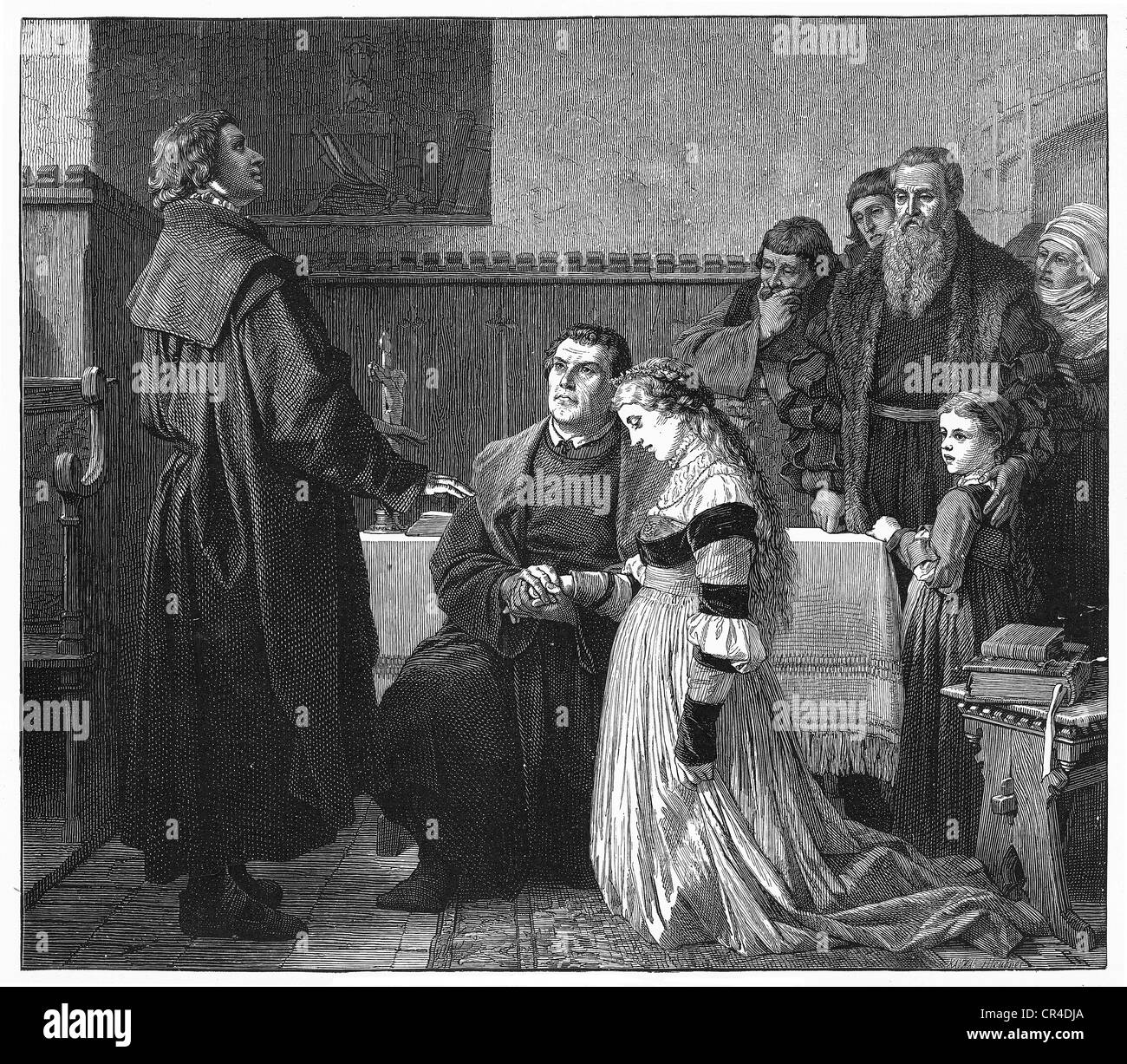 Martin Luther épouse Katharina von Bora, sur le côté gauche du curé Bugenhagen, sur le côté droit, témoin M. Jonas, Abel Banque D'Images